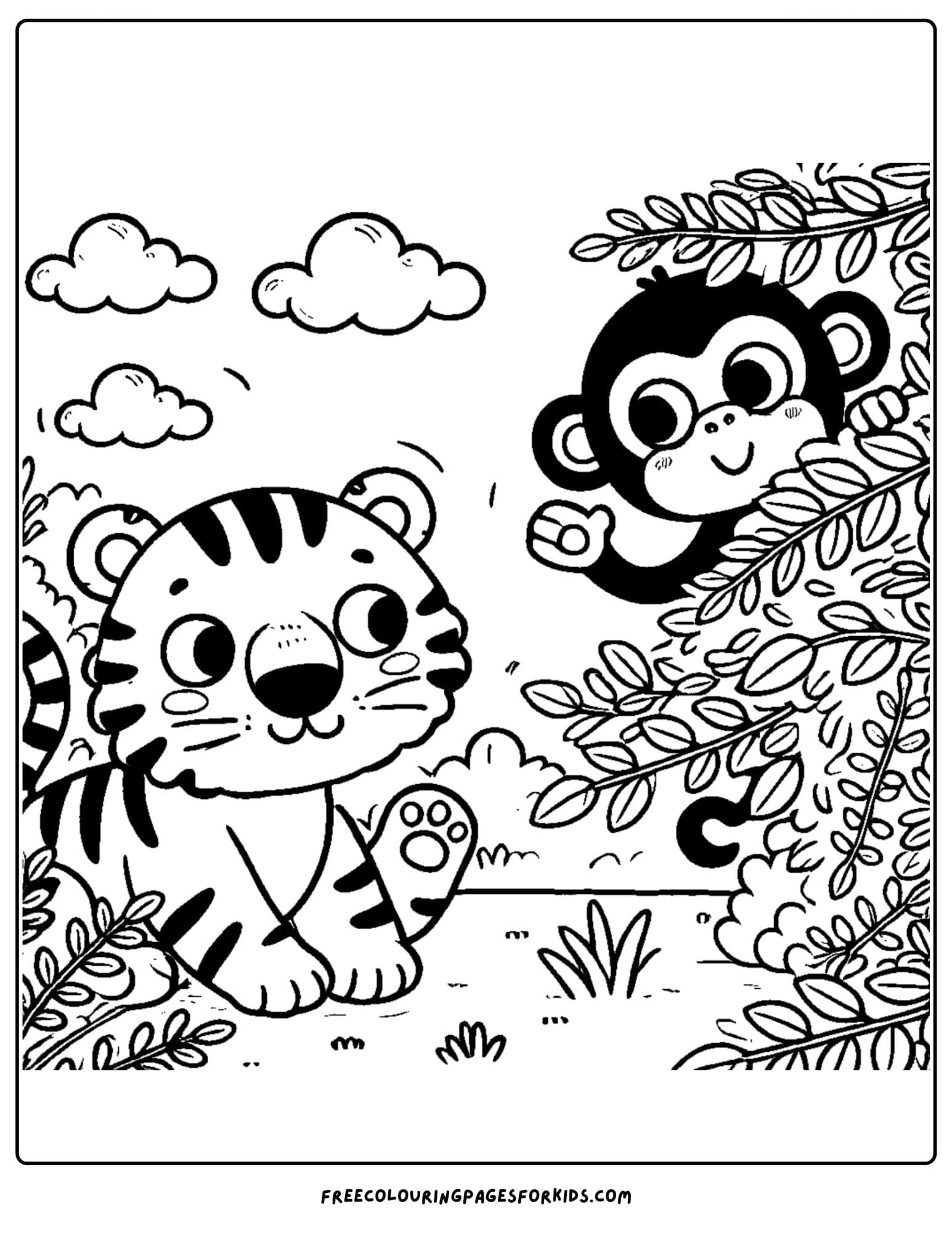 tiger and monkey hiding in the jungle coloring page