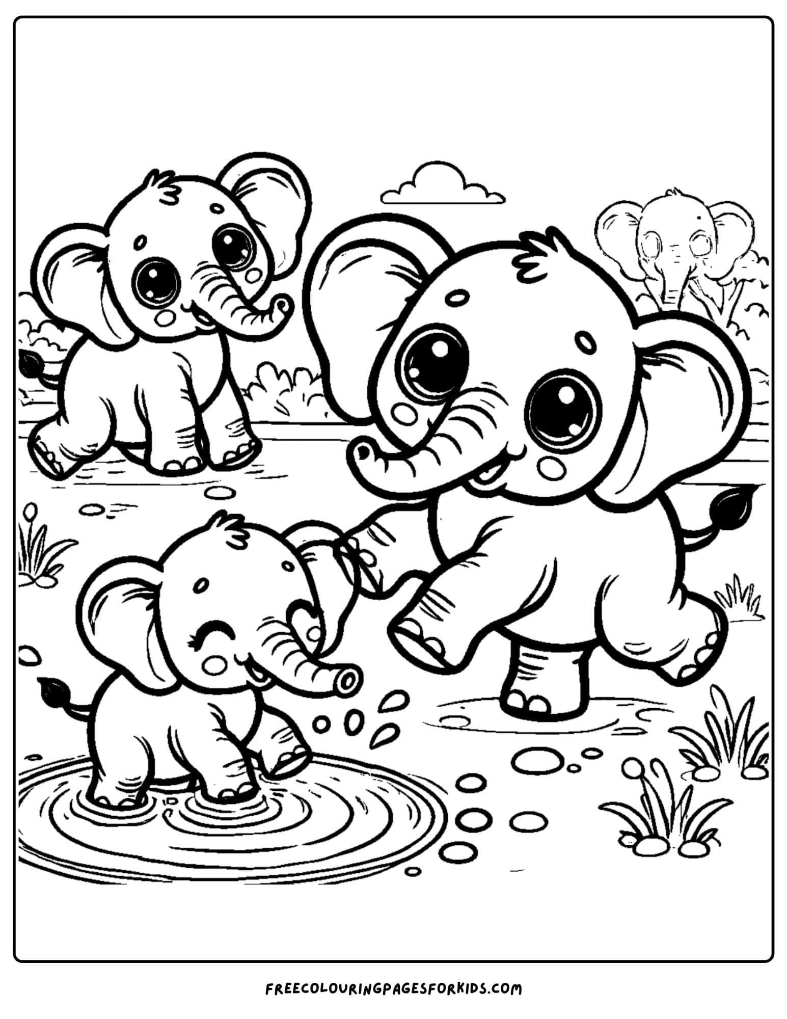 jungle elephants having a drink coloring page