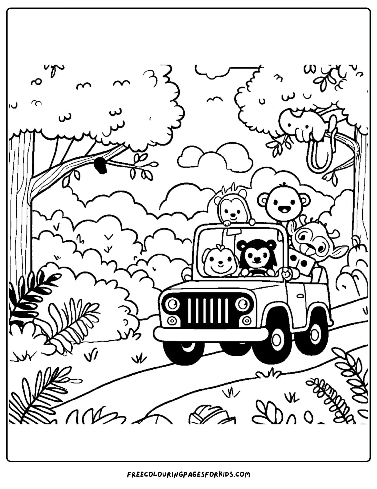 jungle jeep driving coloring page