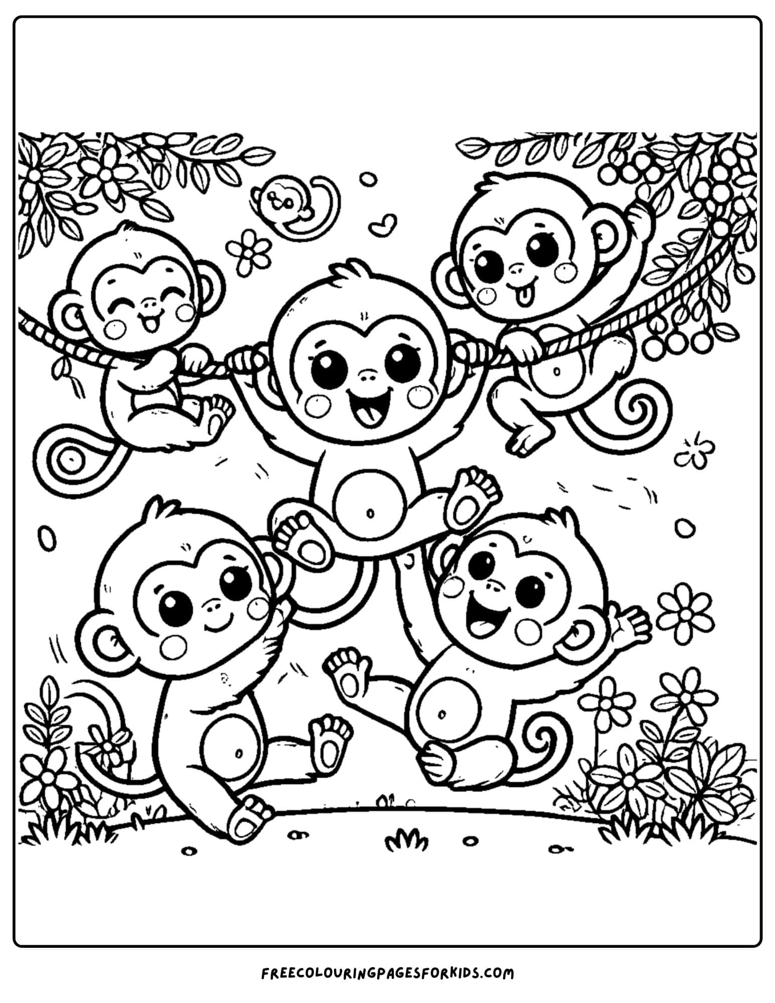 monkeys swinging on a vine coloring page