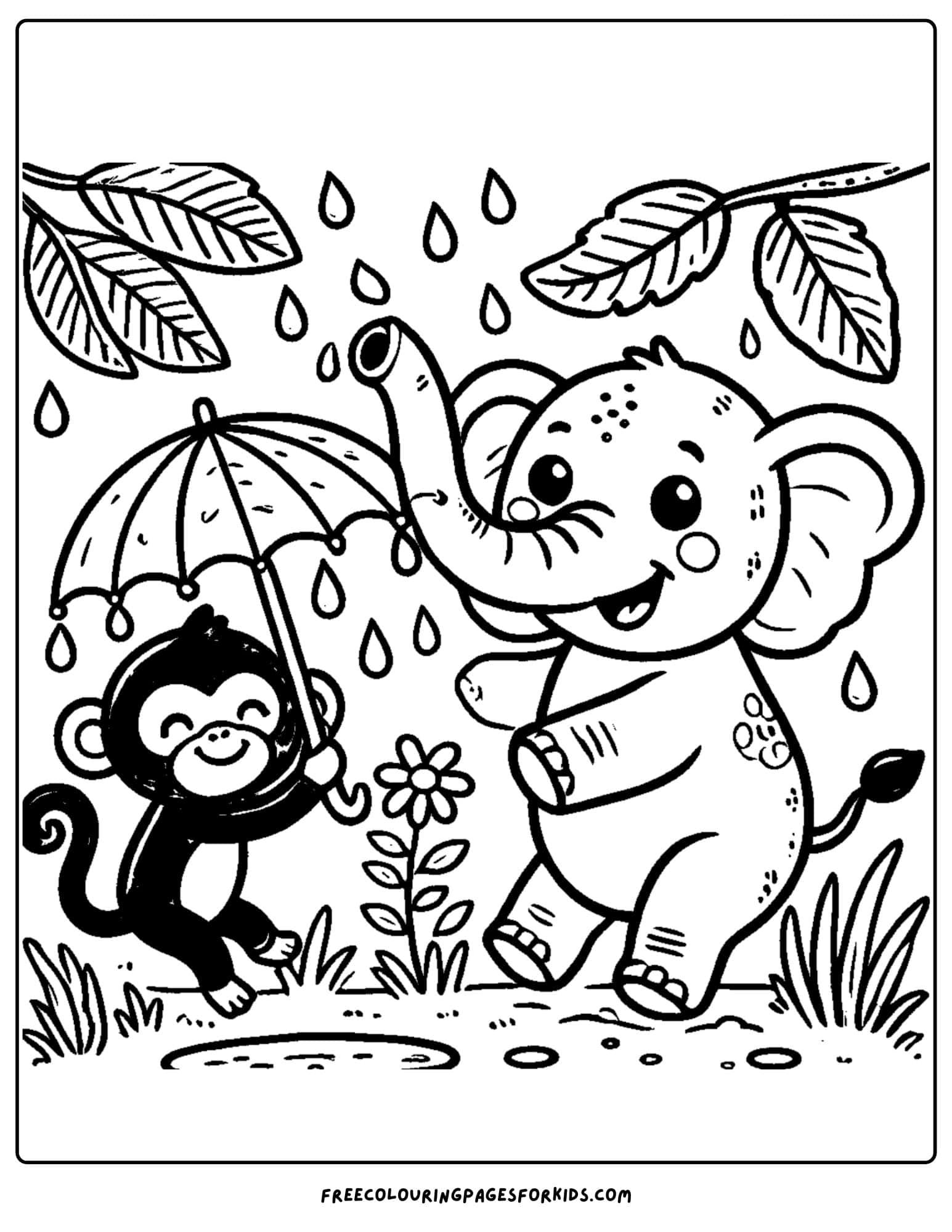 jungle animals in the rain coloring page