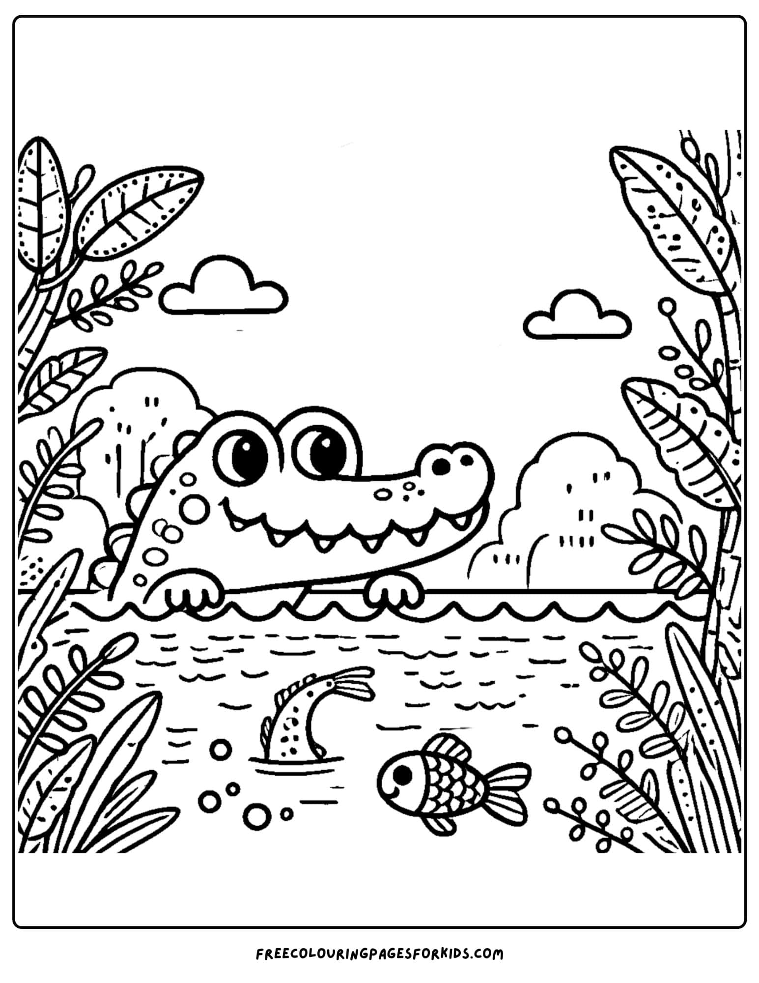 river crossing with a crocodile coloring page