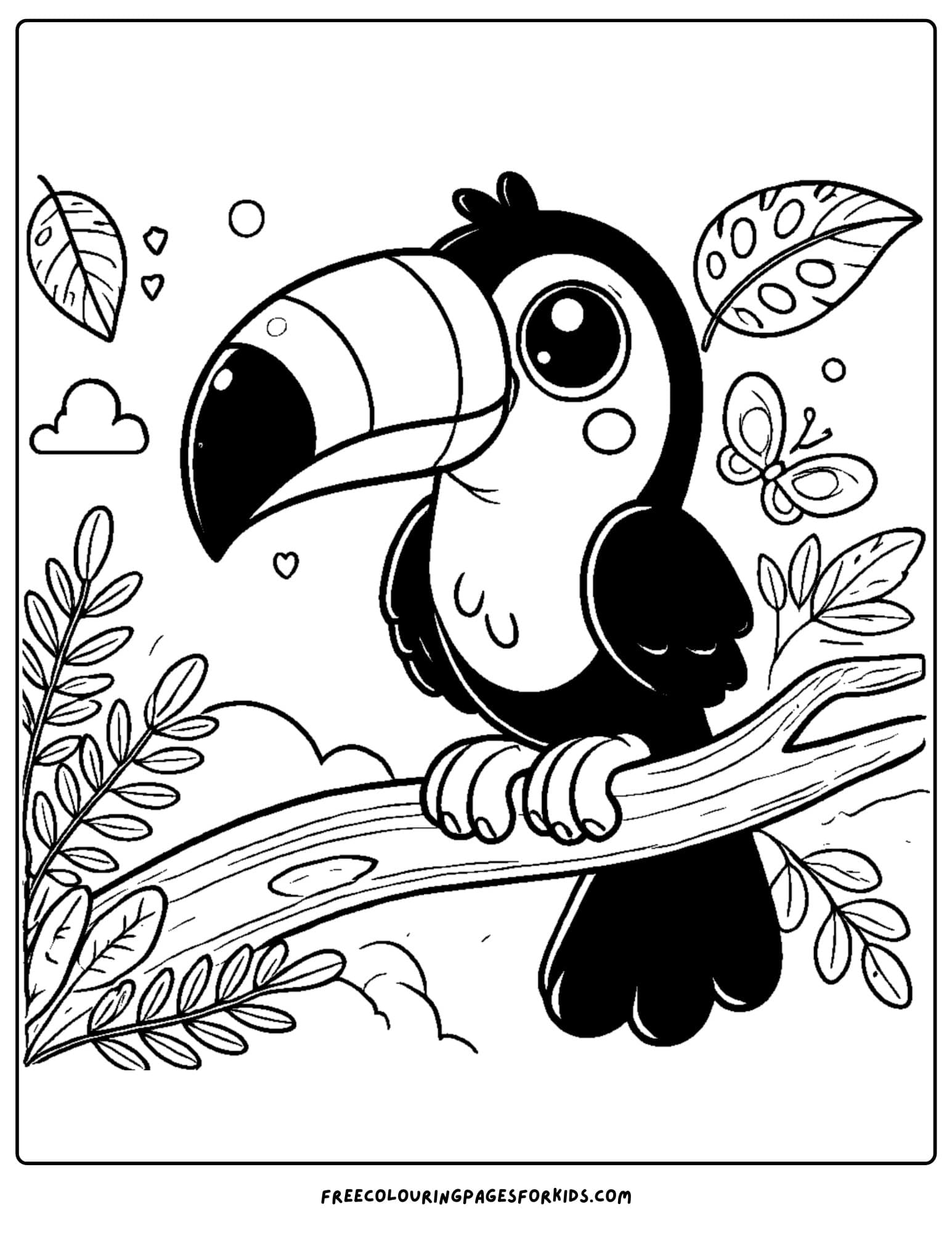 toucan sitting on a branch in the jungle coloring page