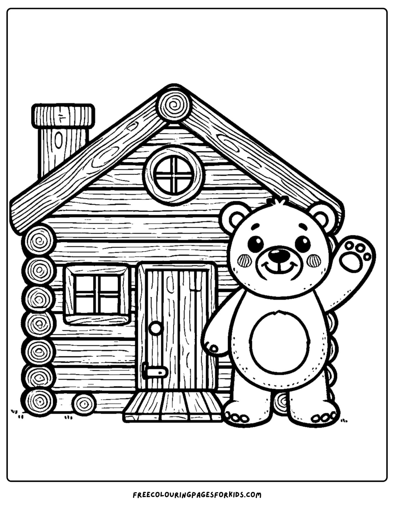 log cabin and a bear coloring page