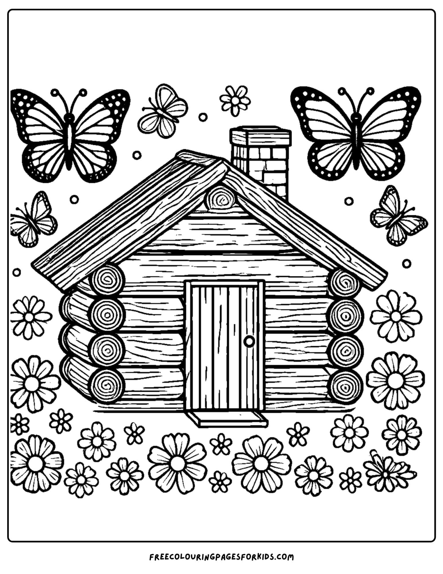 log cabin and butterflies coloring page