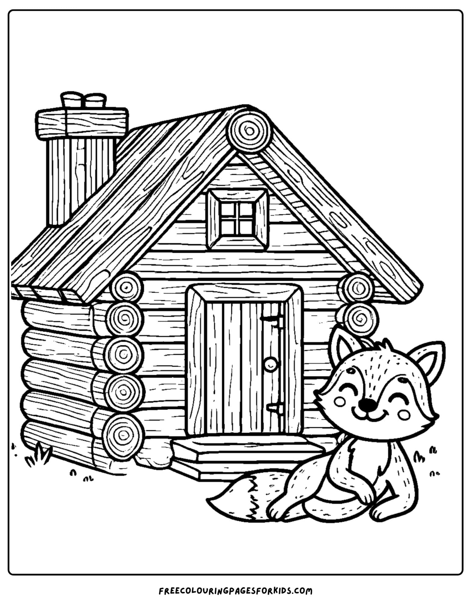 log cabin and a fox coloring page