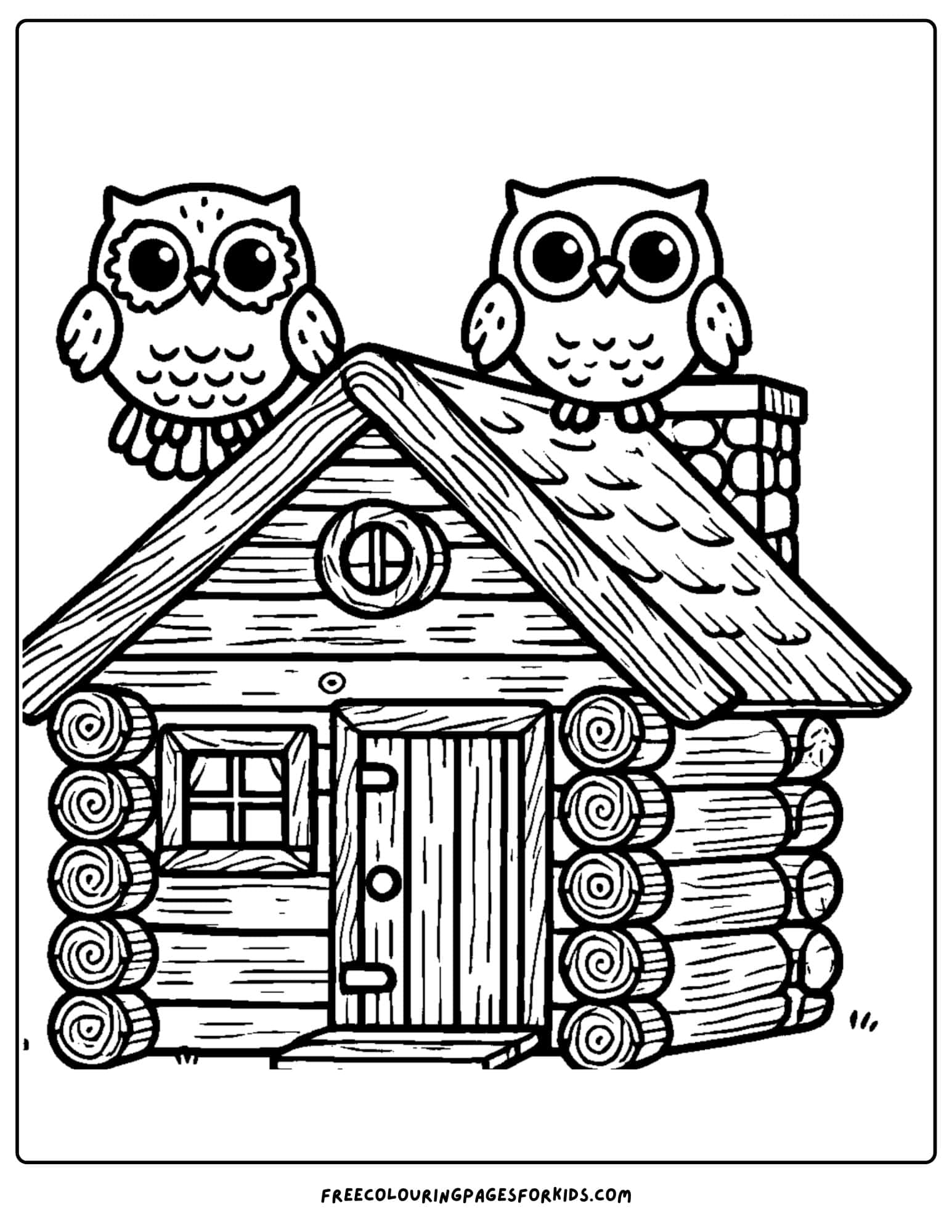 log cabin and owls coloring page