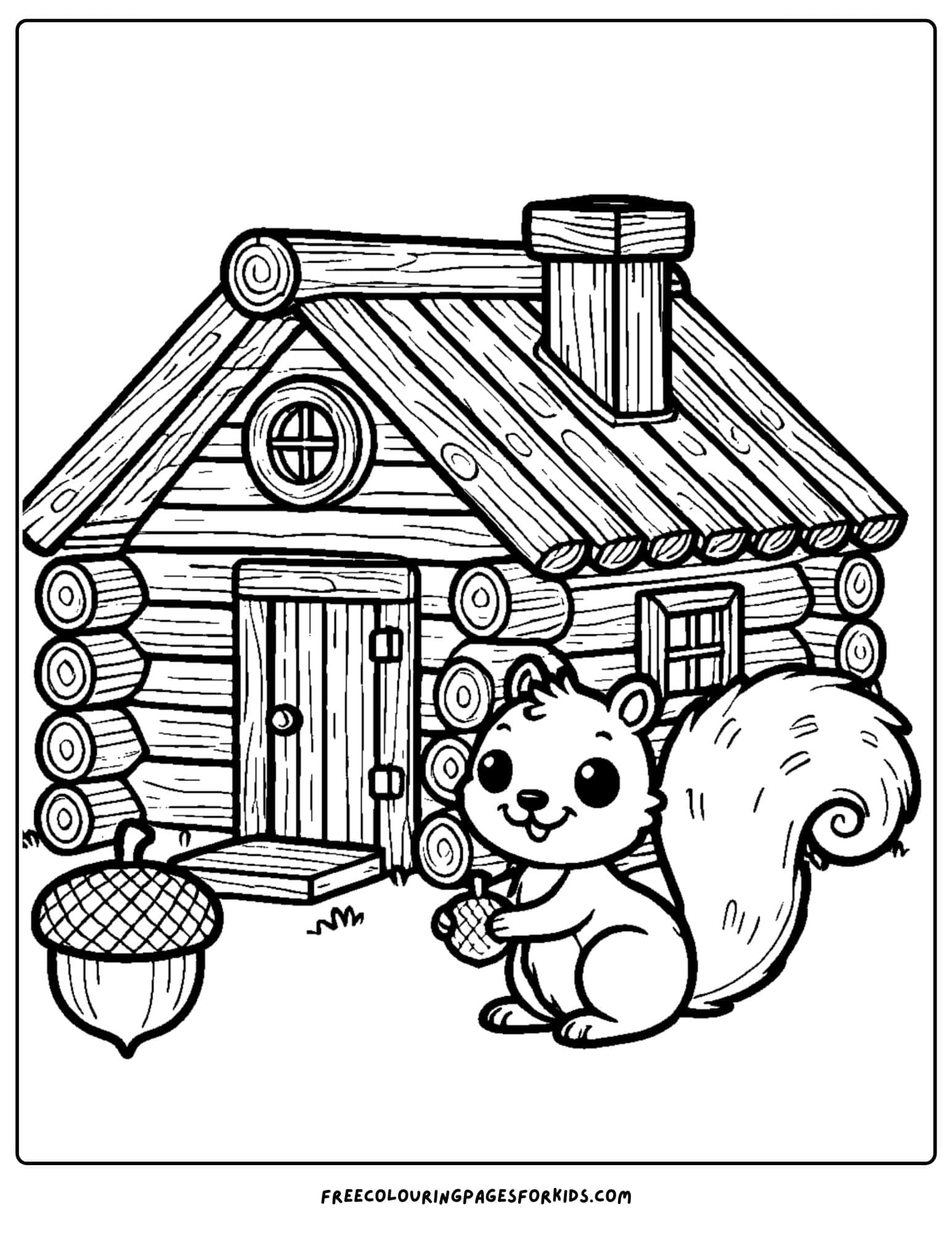 log cabin and a squirrel coloring page