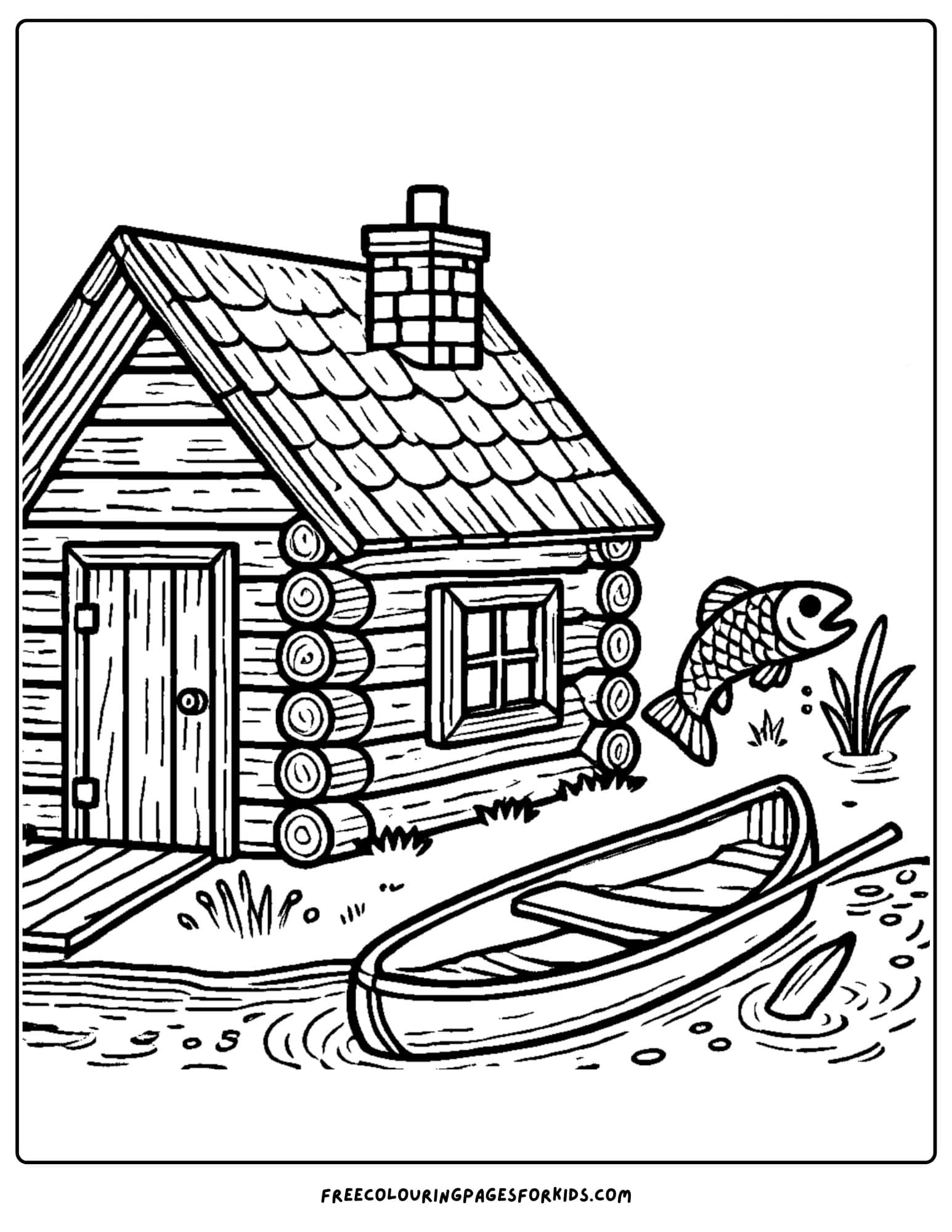 log cabin by a lake coloring page