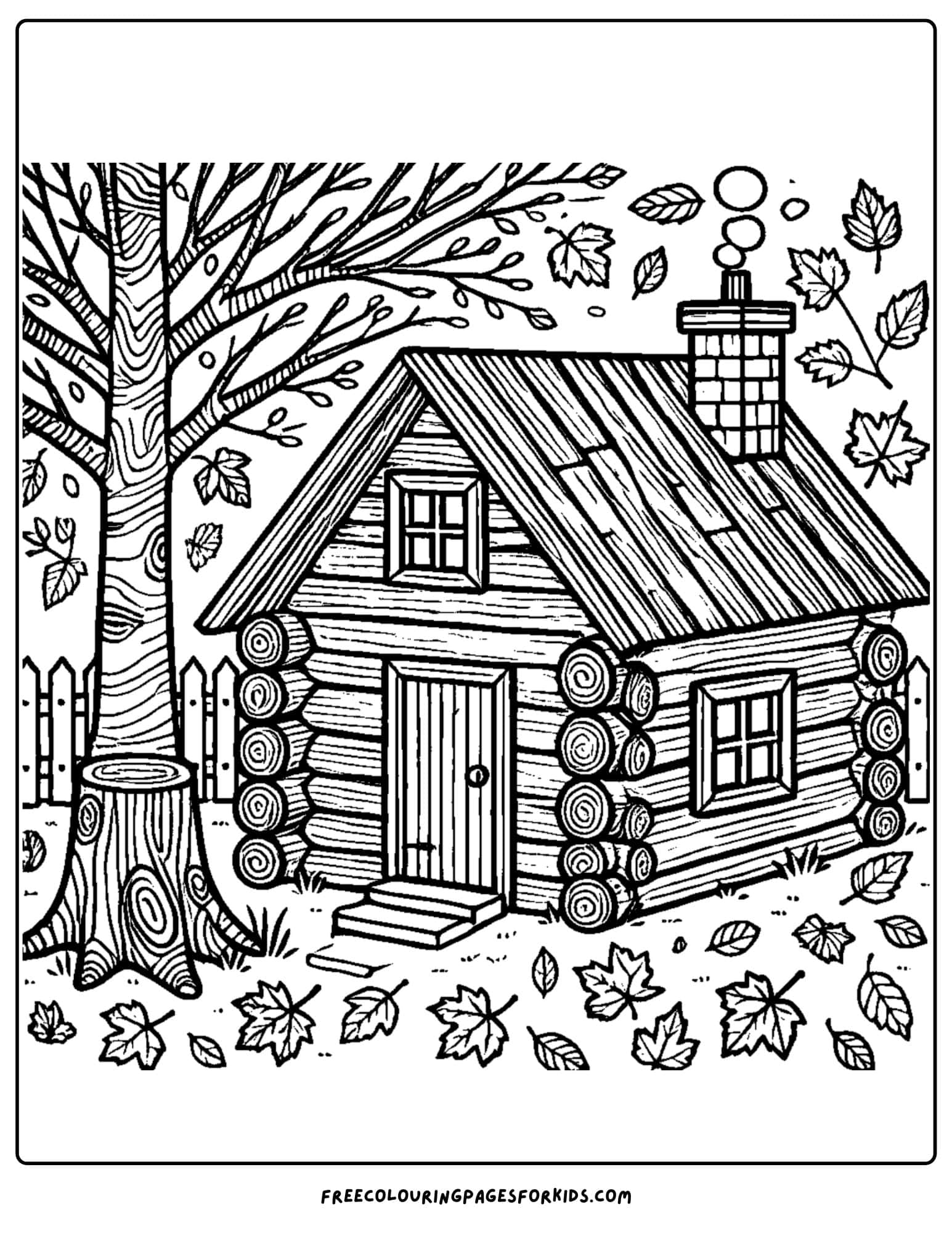 log cabin in autumn coloring page