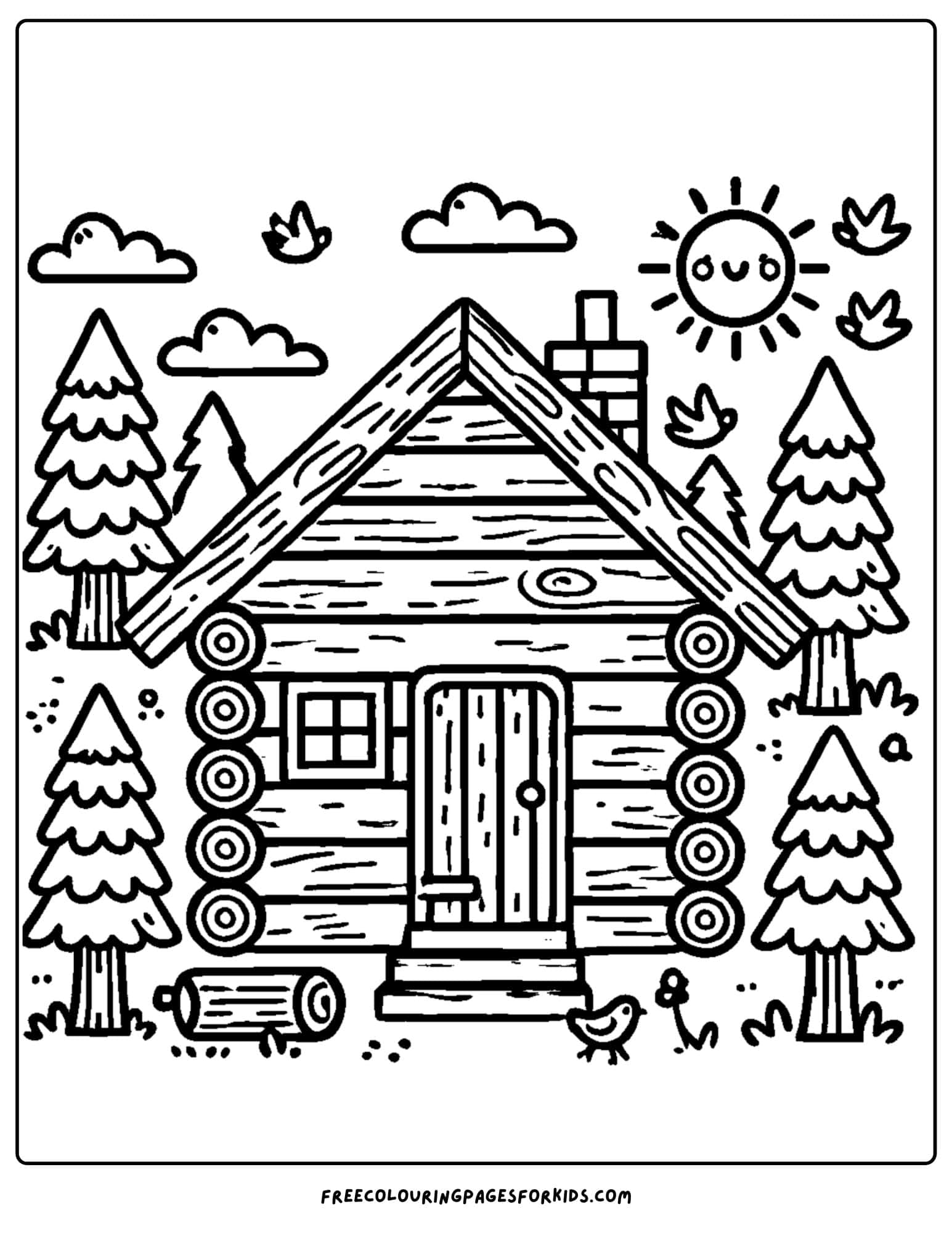 log cabin in the forest coloring page