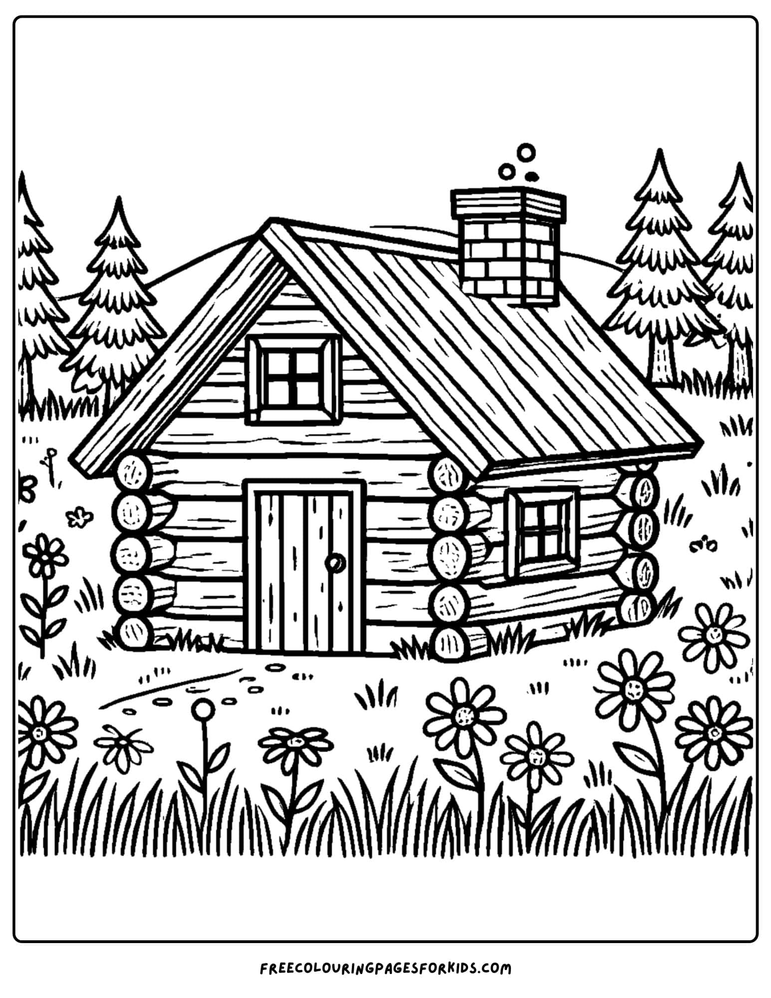 log cabin in a meadow coloring page