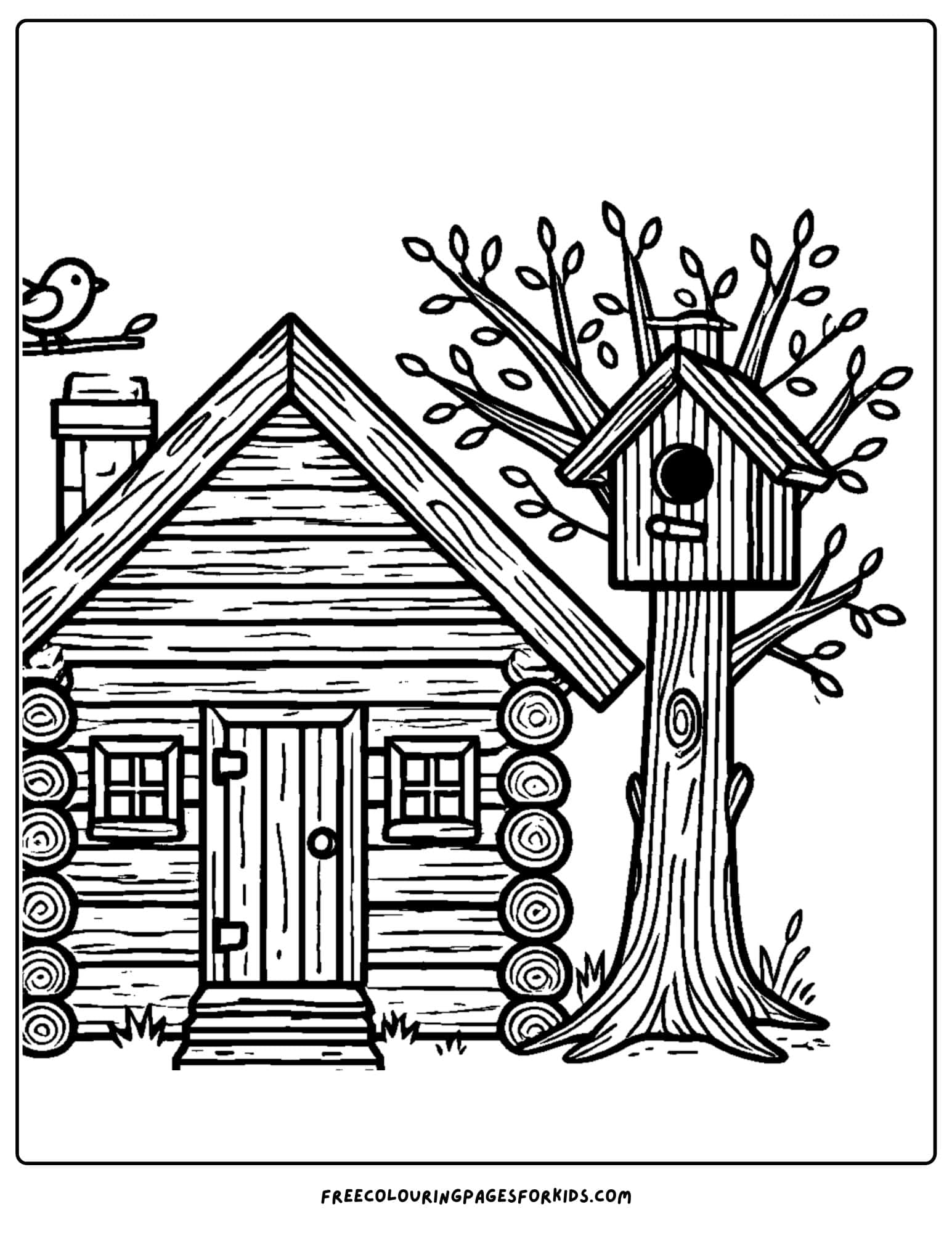 log cabin with bird house coloring page