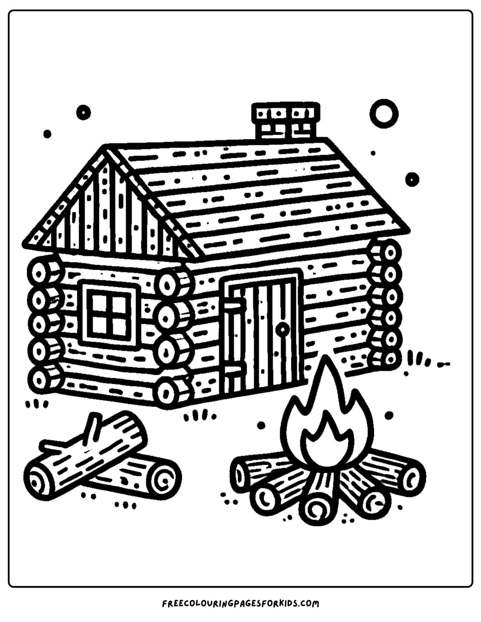 log cabin with a campfire coloring page