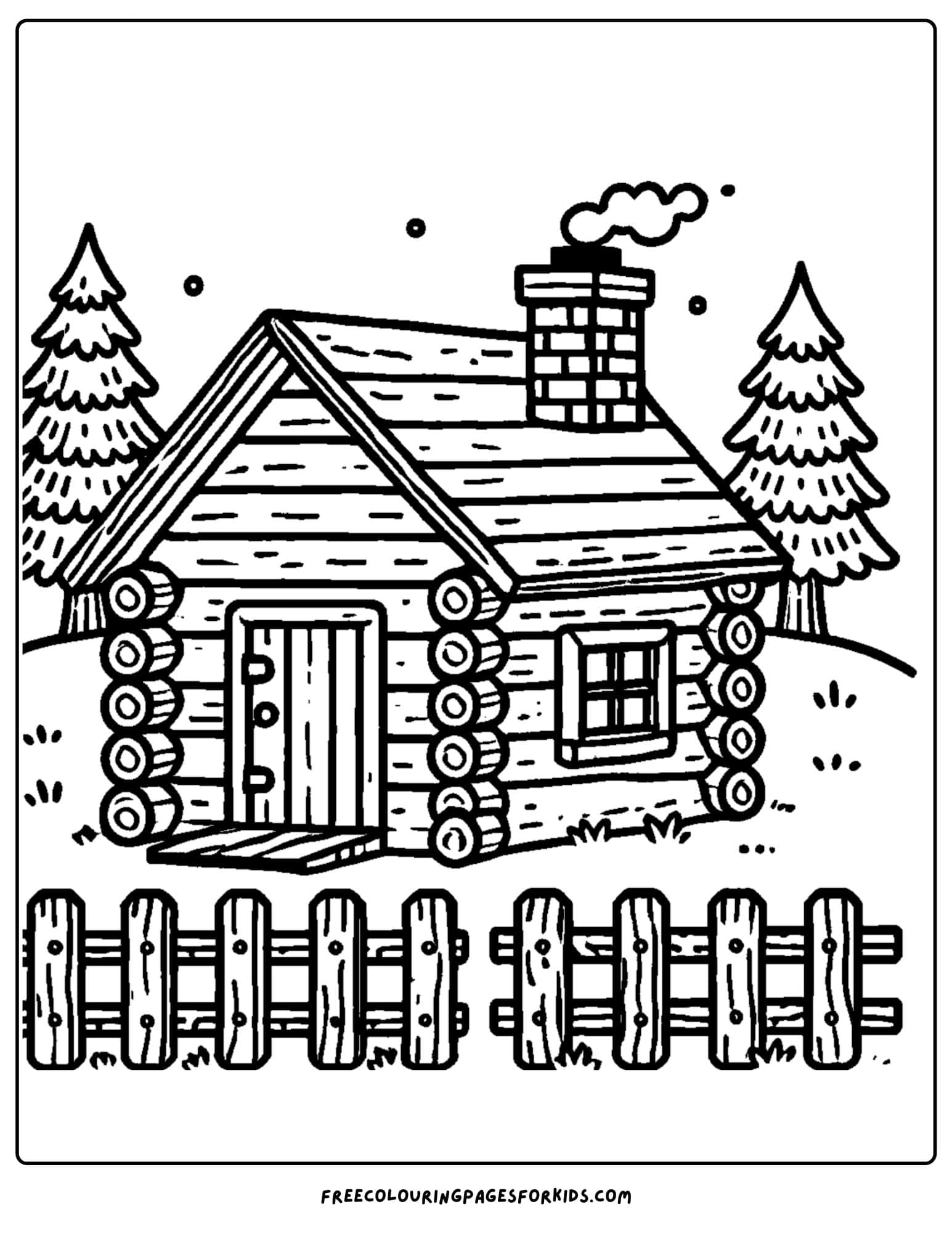 log cabin and fence coloring page