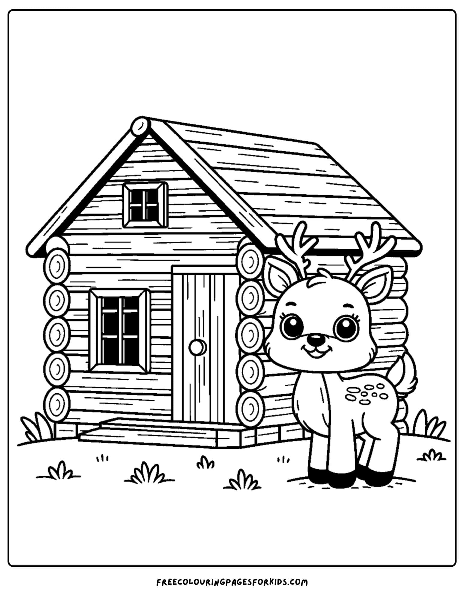 log cabin with a dear coloring page