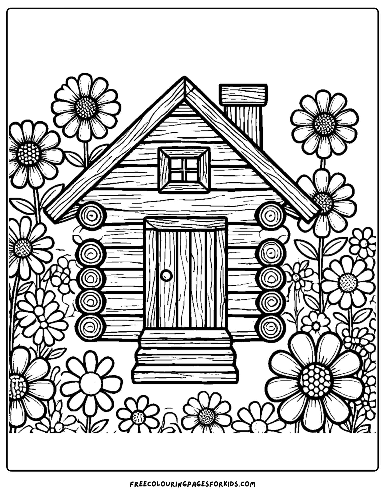 log cabin with flowers all around coloring page