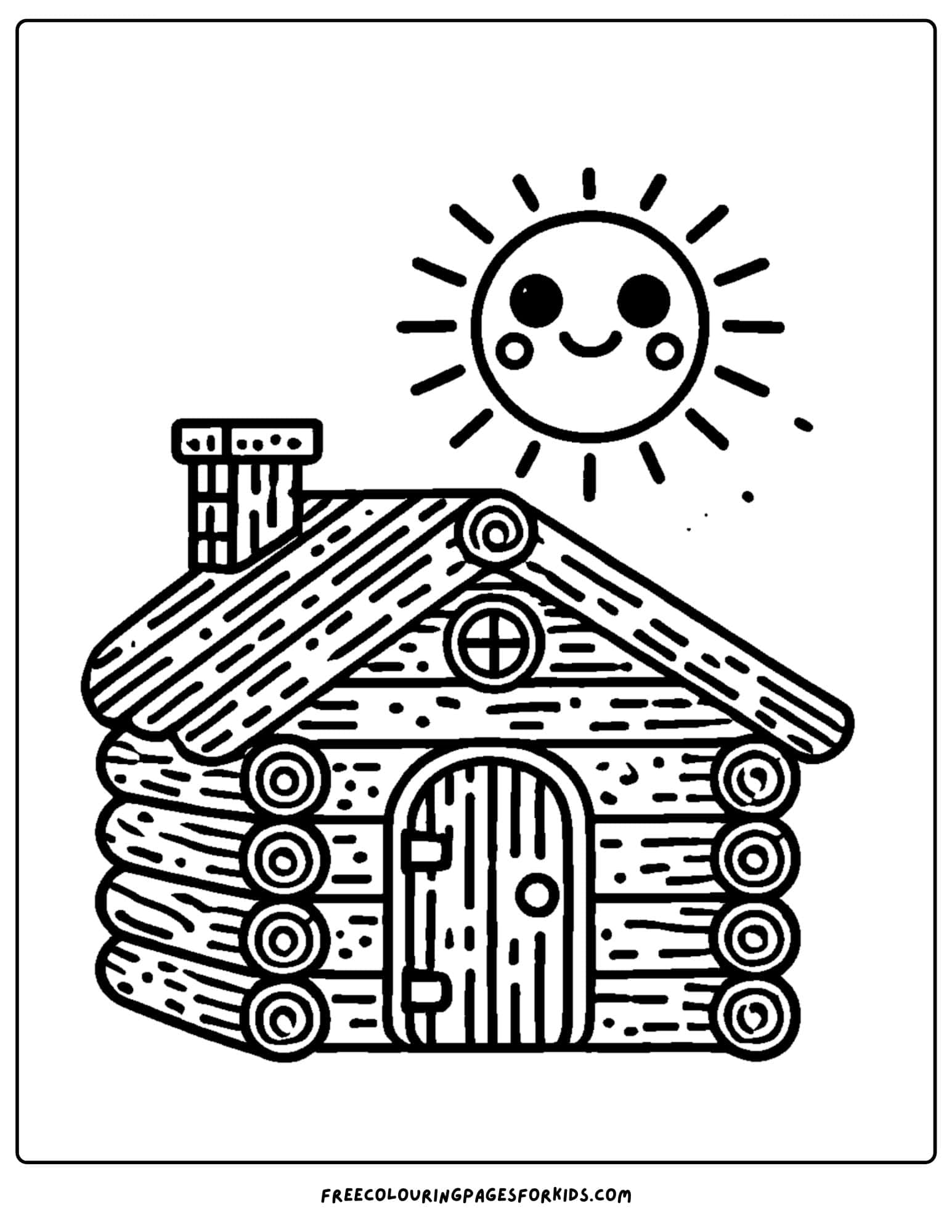 log cabin under a sun coloring page