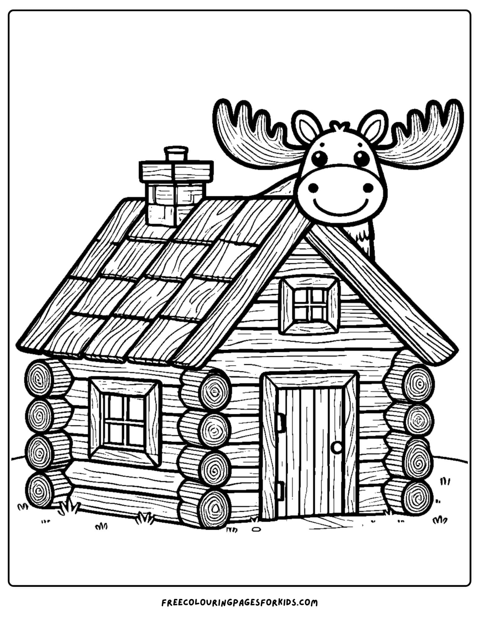 log cabin with a moose coloring page