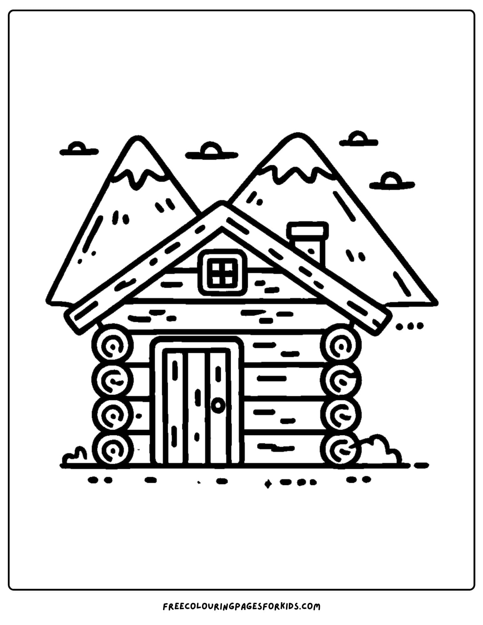 log cabin with mountains coloring page