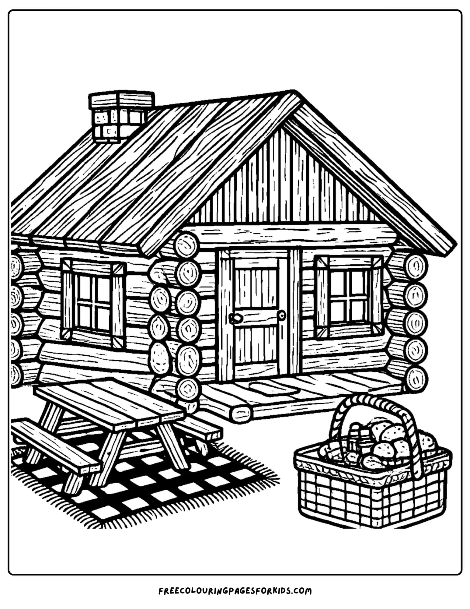 log cabin and a picnic coloring page