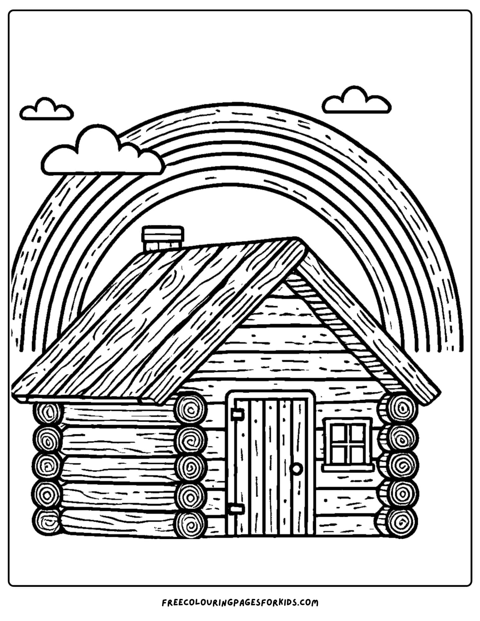 log cabin and a rainbow coloring page