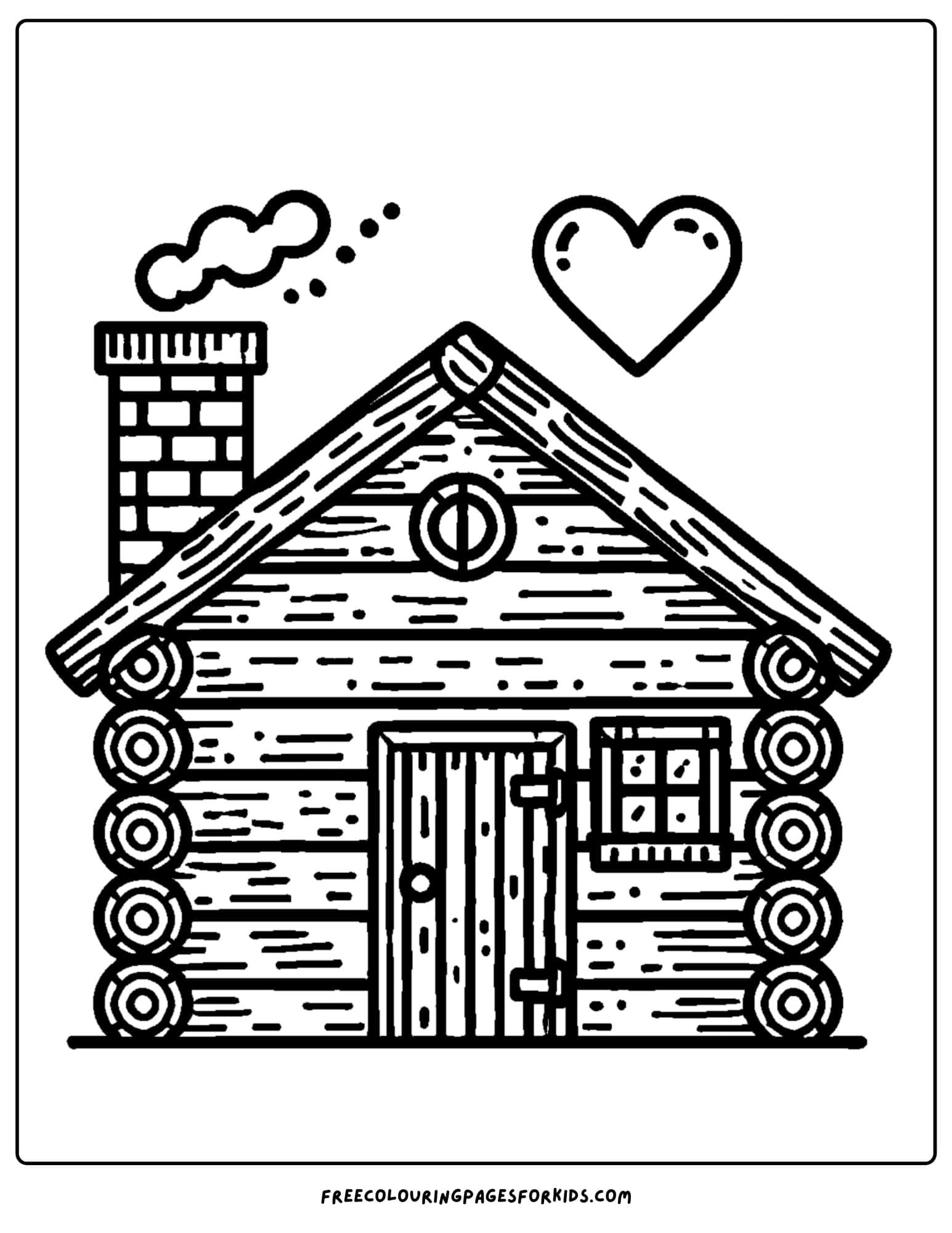 log cabin with a heart and smoke coming from the chimney coloring page