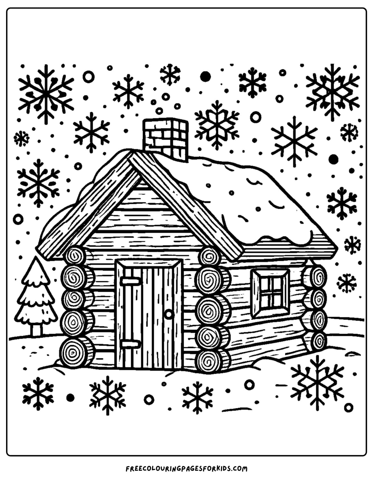 log cabin covered in snow coloring page