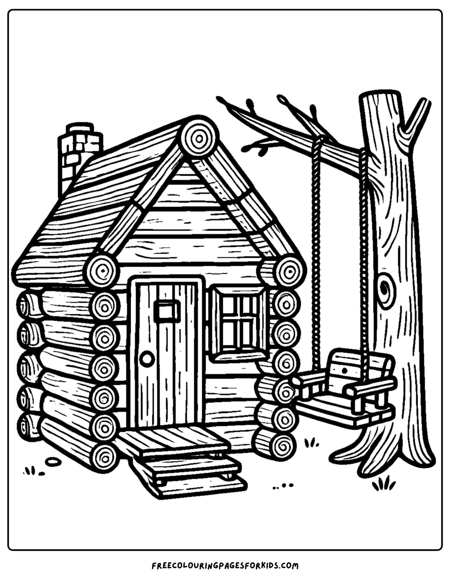 log cabin with tree swing coloring page