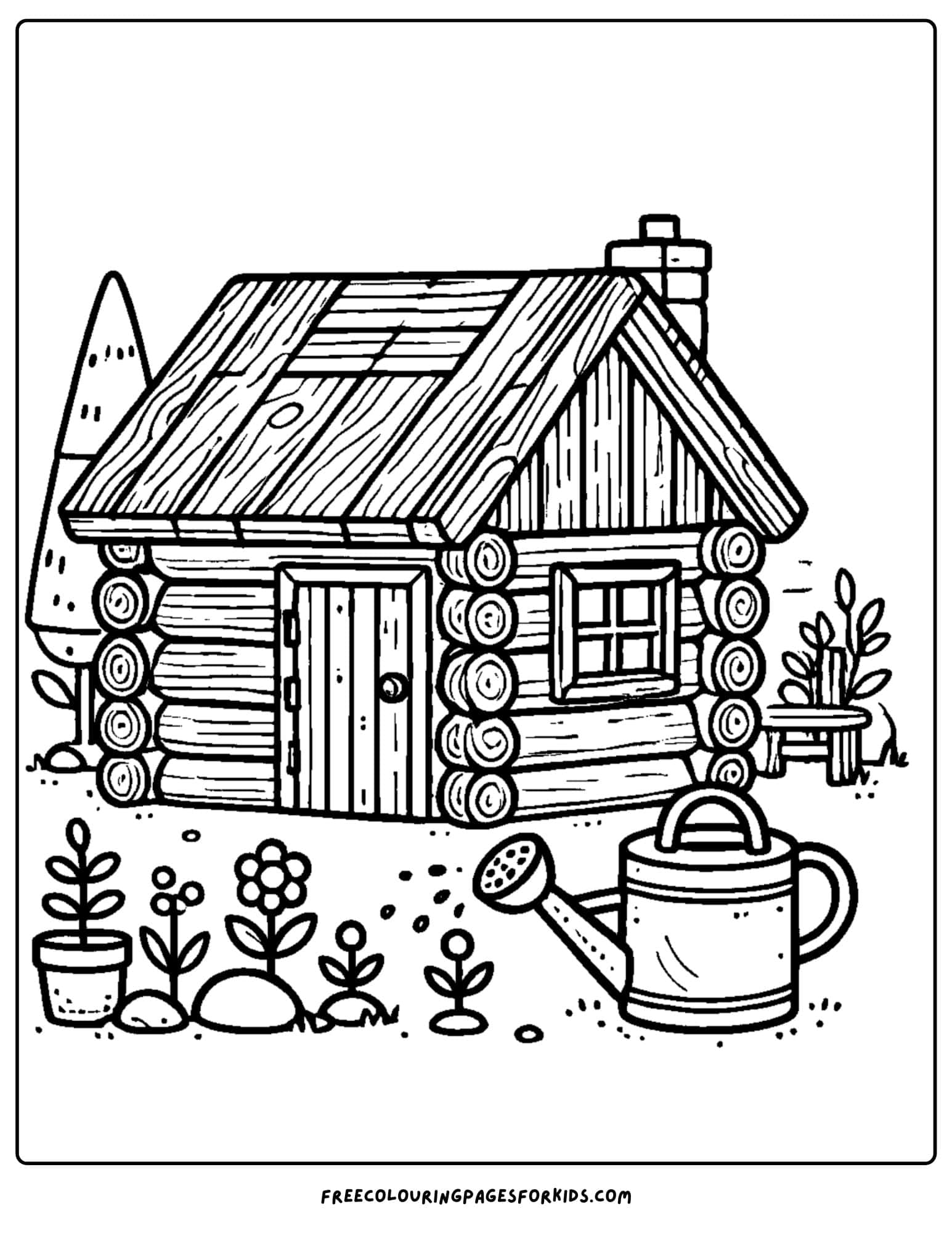 log cabin with a garden in front coloring page