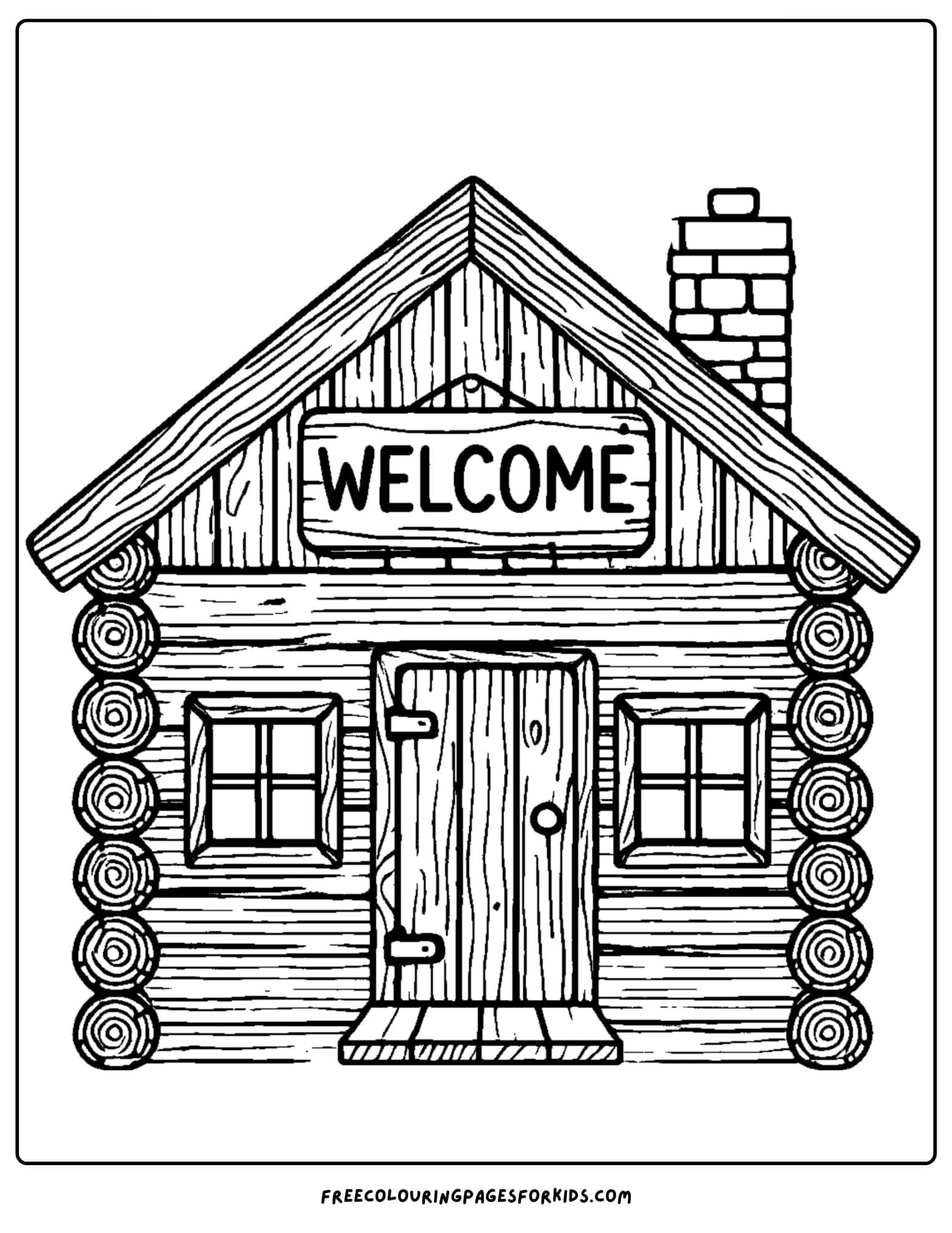 log cabin with a welcome sign coloring page