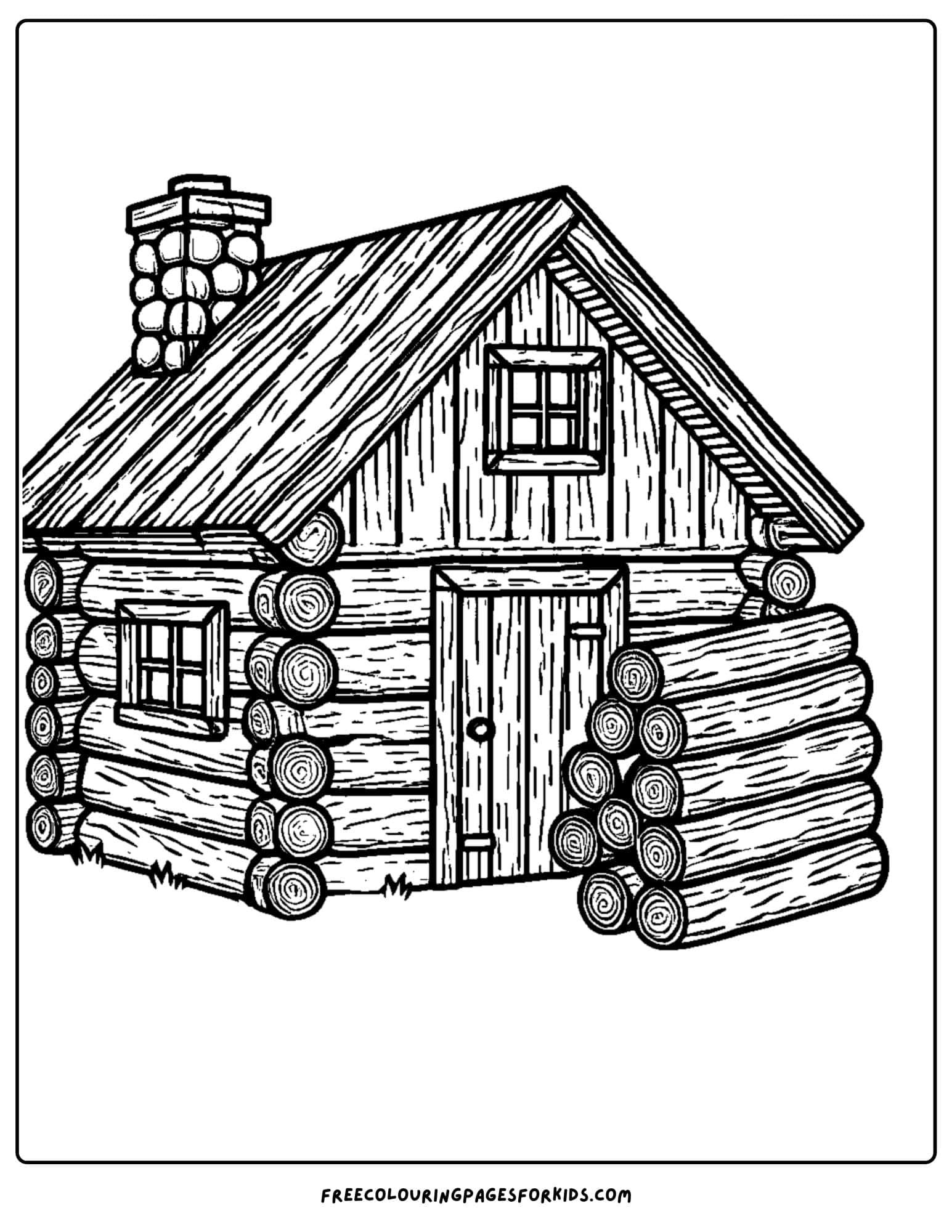 log cabin with stack of wood outside coloring page