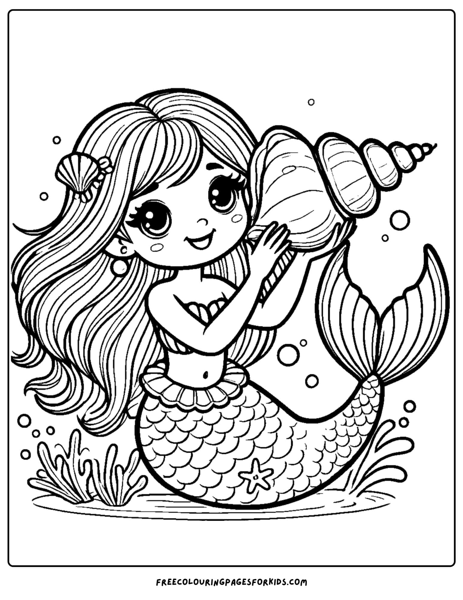 mermaid listening to a seashell coloring page