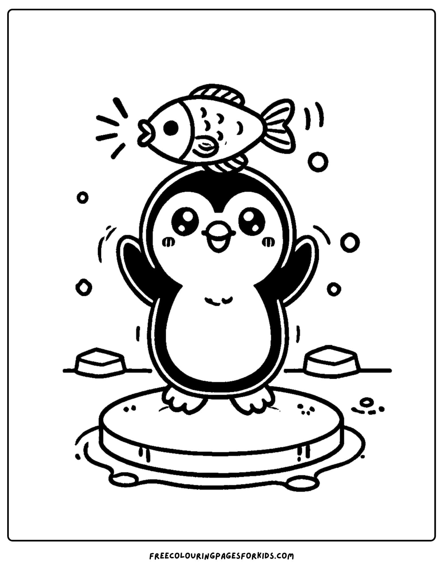 penguin balancing a fish on its head coloring page