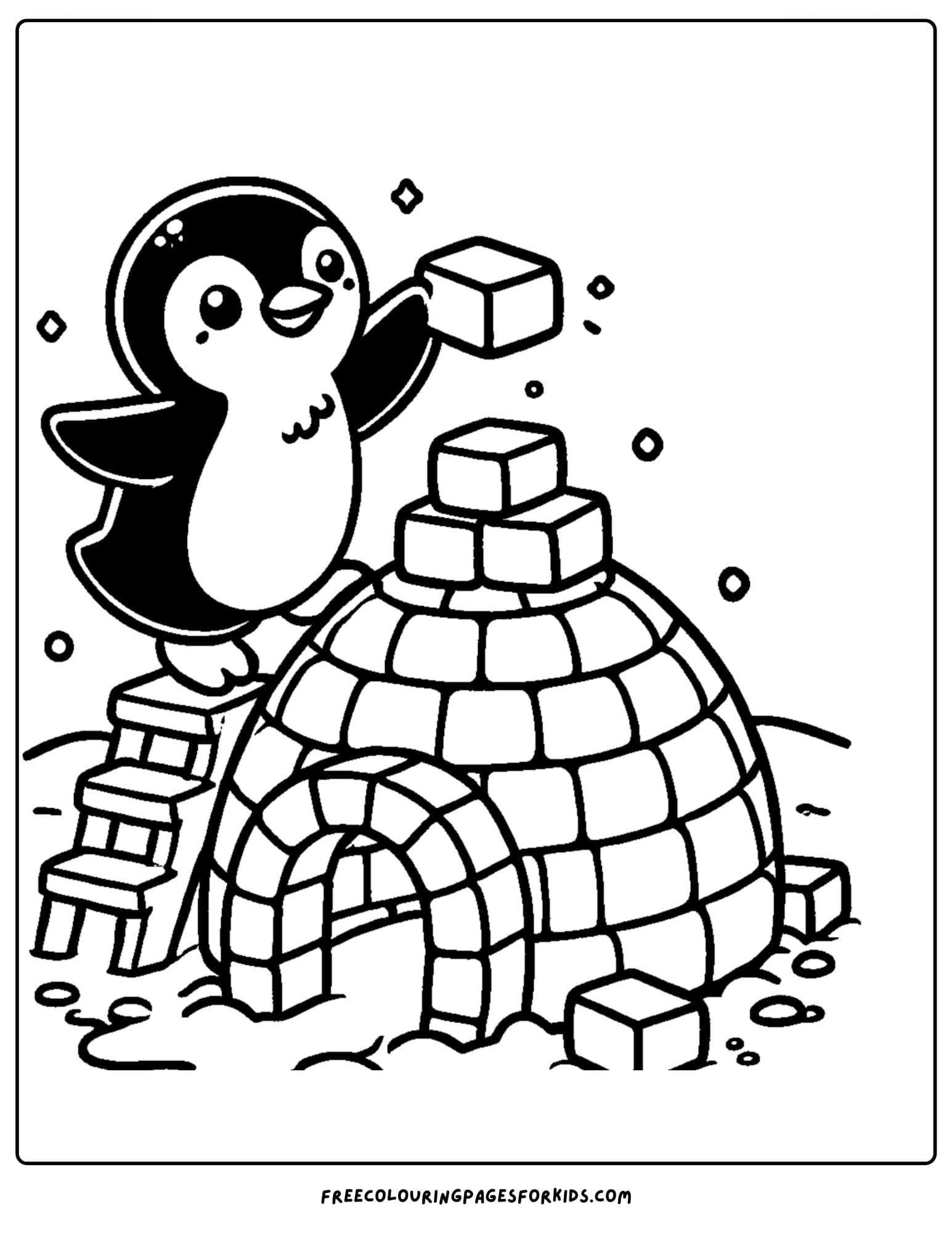 penguin building an ice igloo coloring page