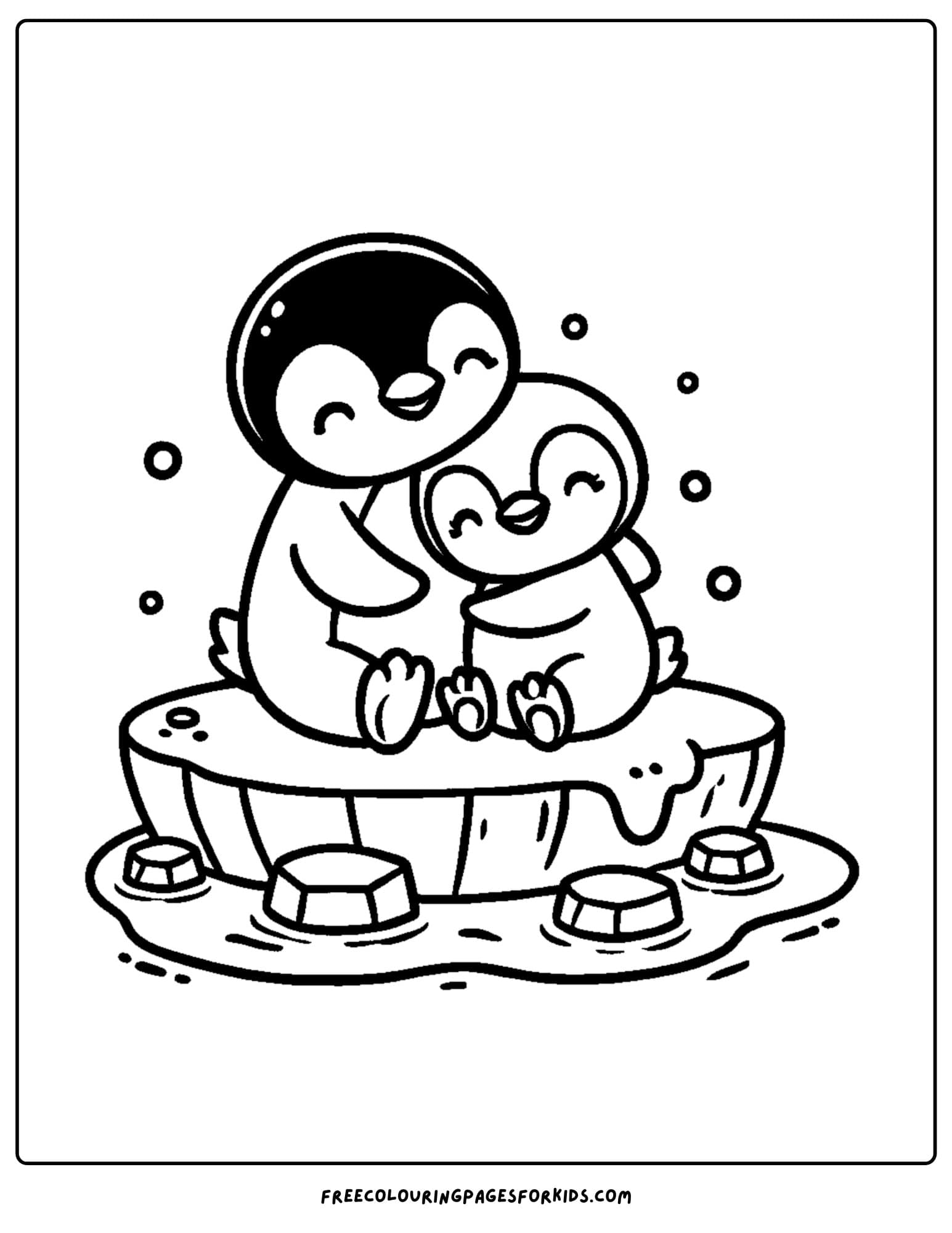 penguins cuddling on ice coloring page