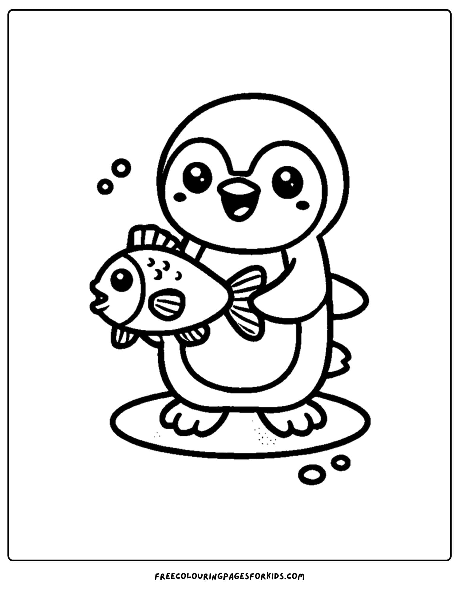 penguin holding a fish coloring page