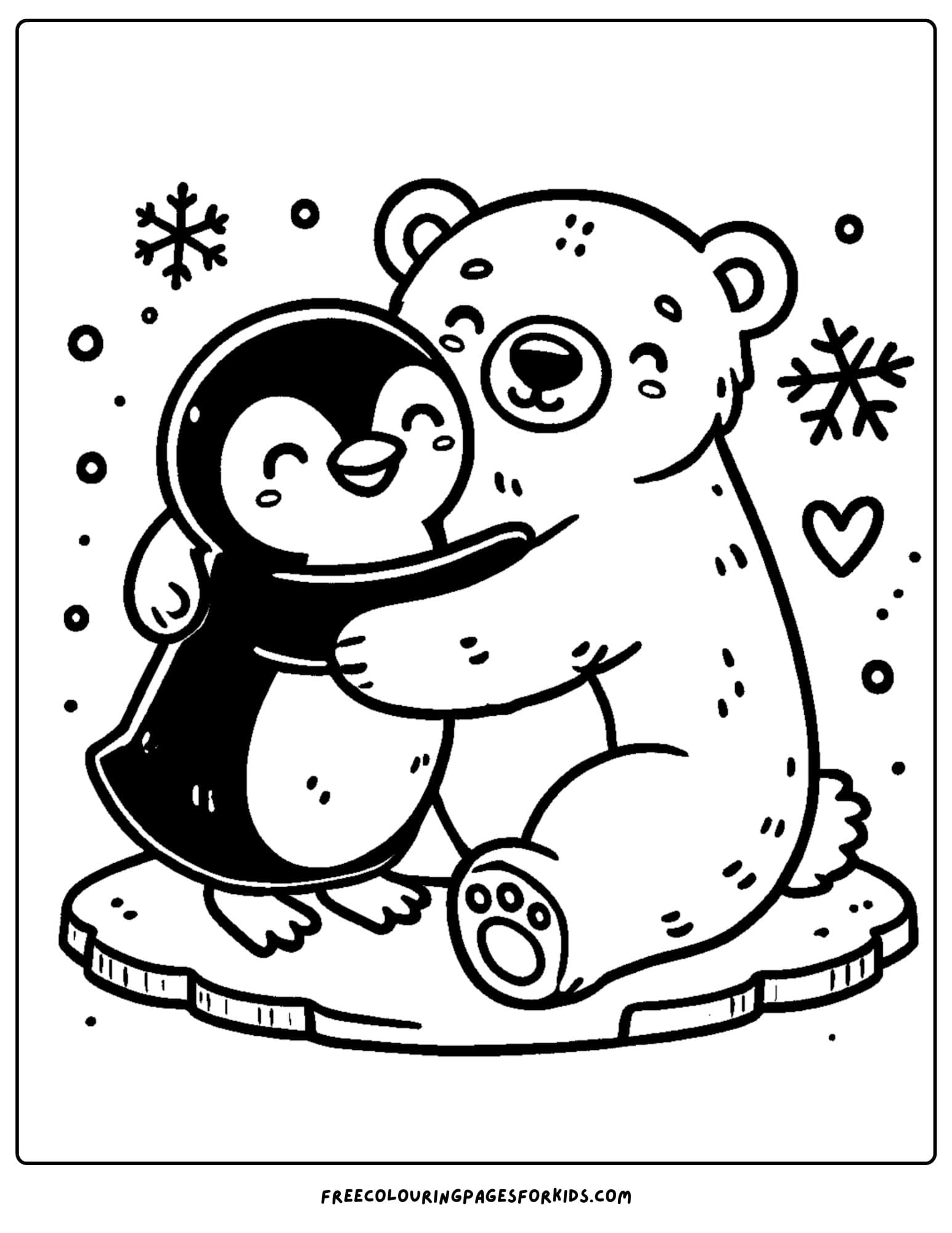 penguin hugging a polar bear coloring page