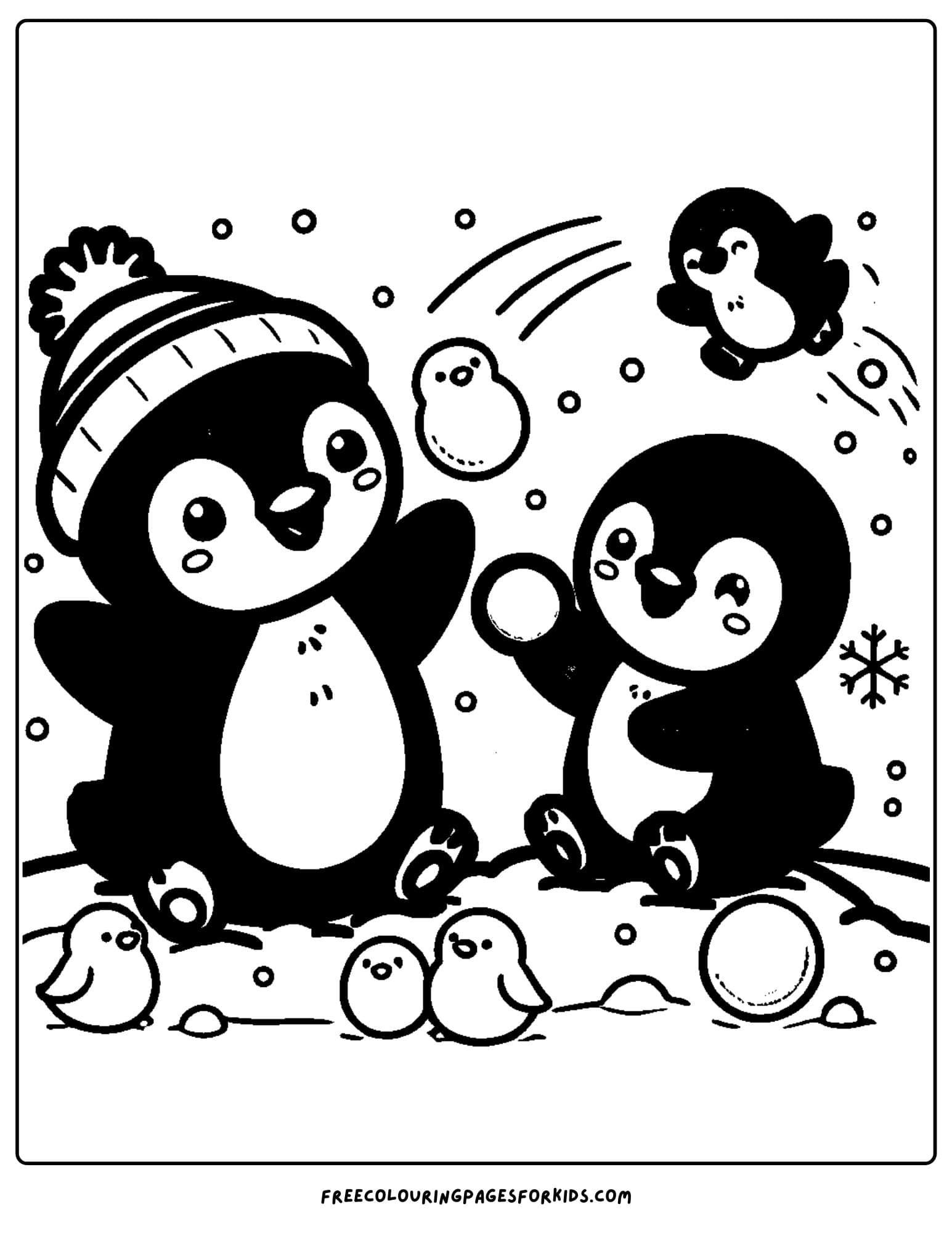 penguins playing in the snow coloring page