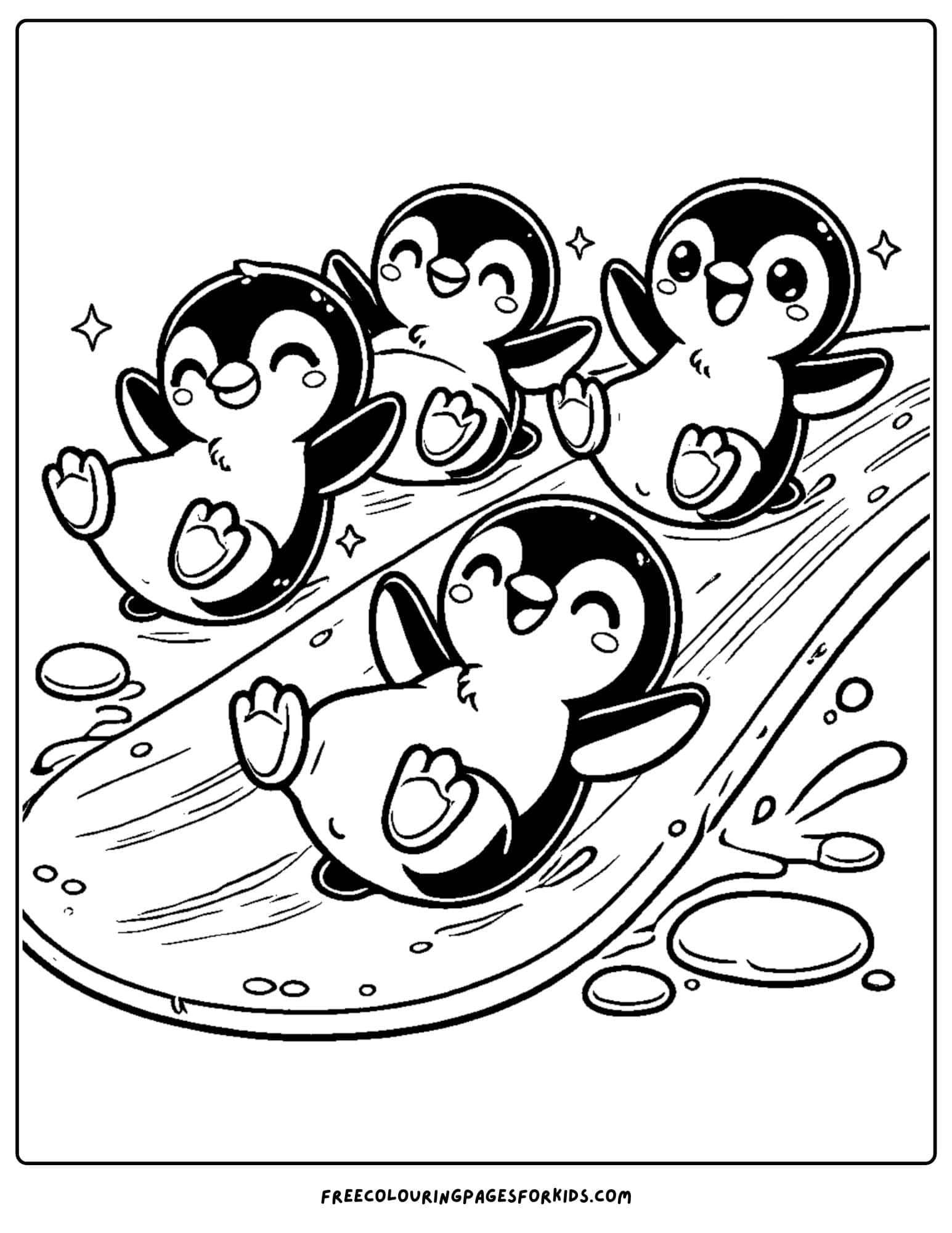 penguins sliding down some ice coloring page