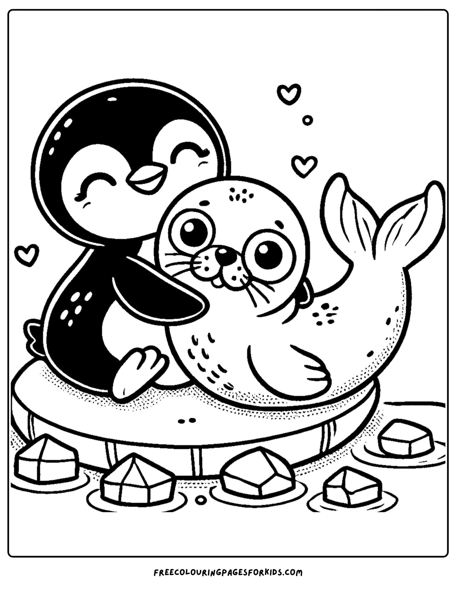 penguin hugging a seal coloring page