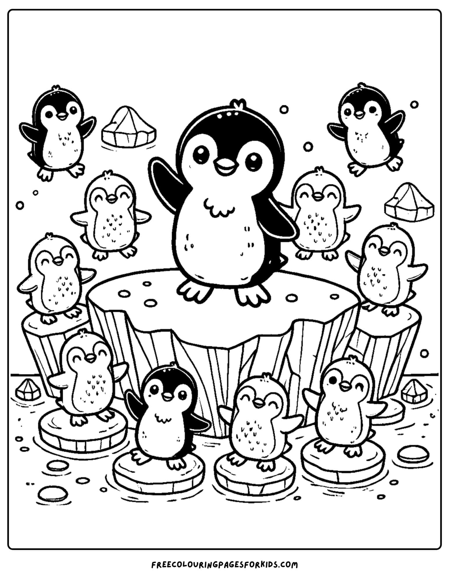 penguins standing on ice coloring page