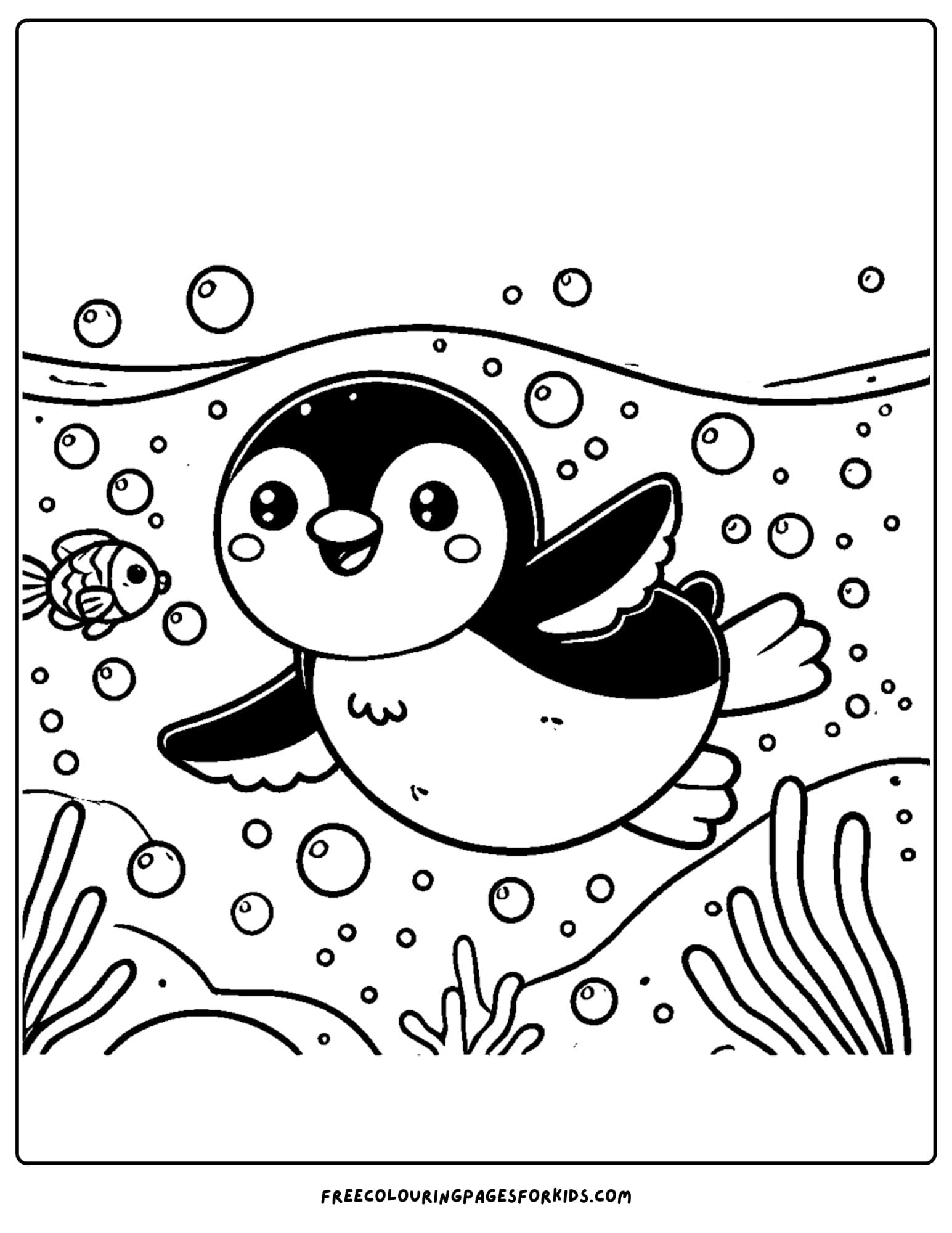 penguin swimming with fish coloring page