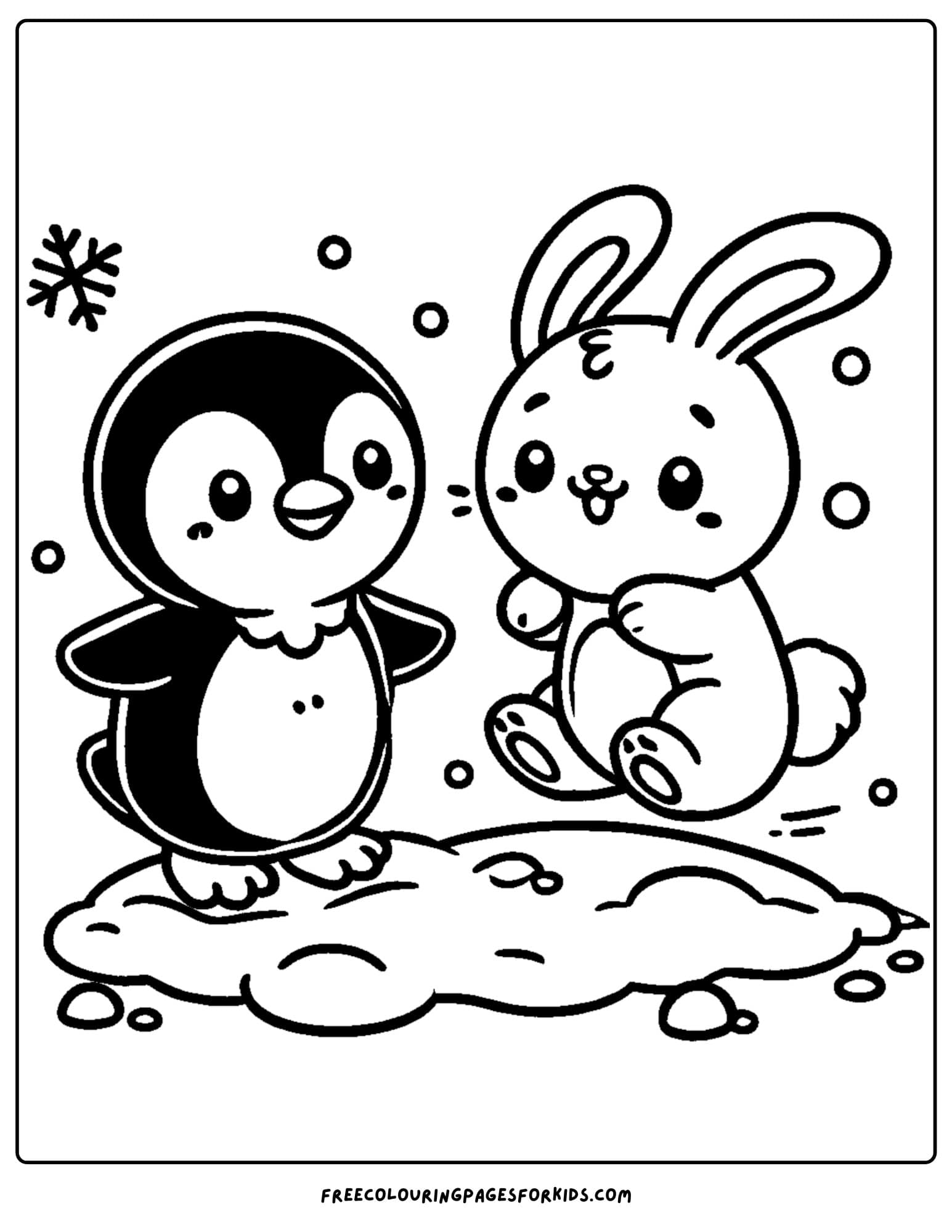 penguin and a rabbit in the snow coloring page