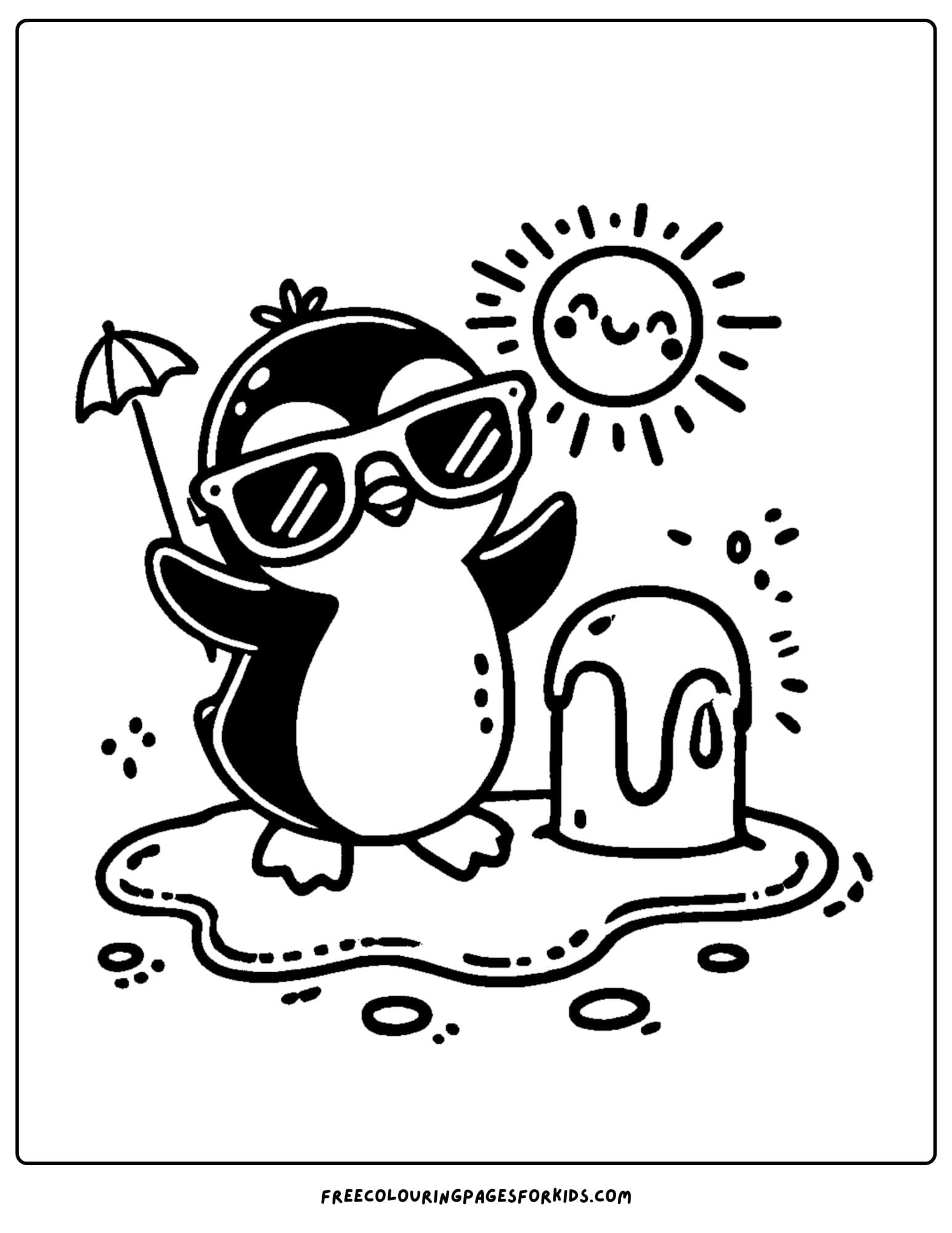 penguin wearing sunglasses under the sun coloring page