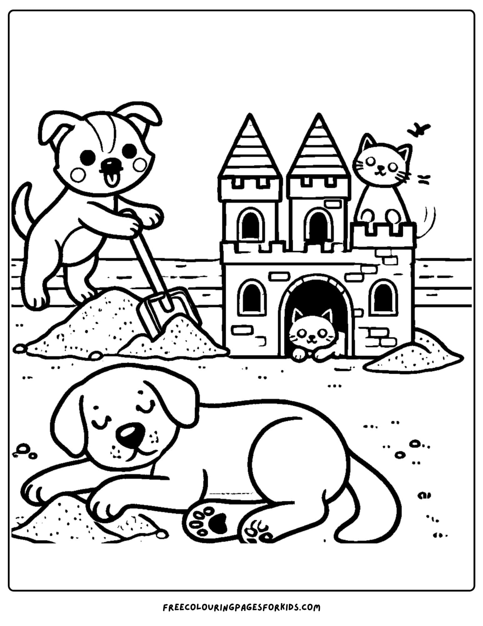 sandcastle with a dog and cat coloring page