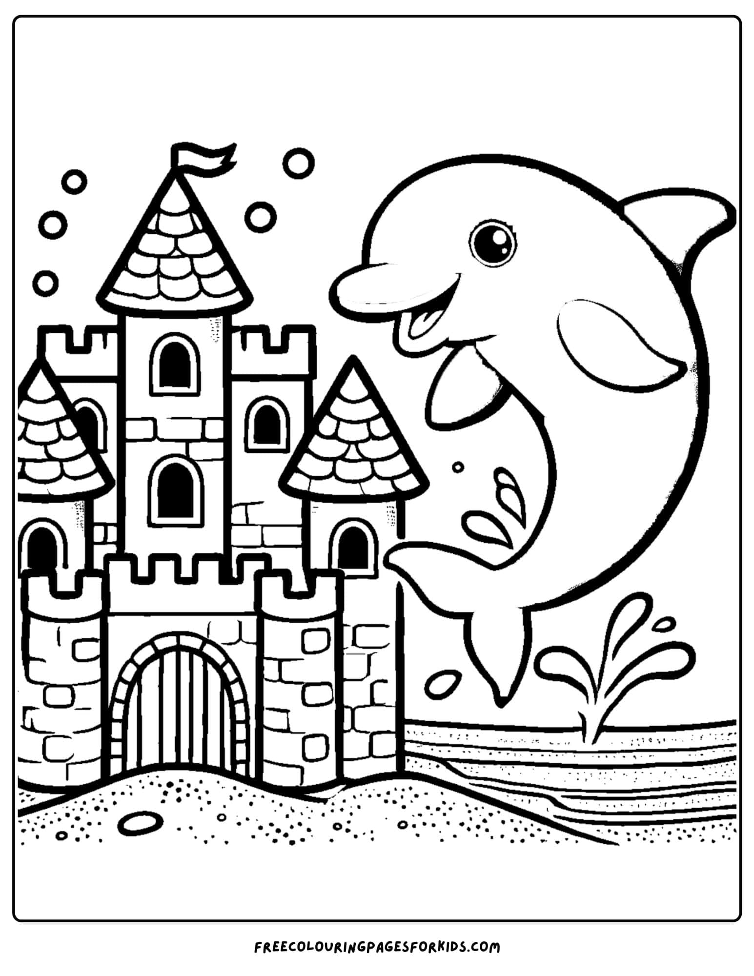 sandcastle with a dolphin coloring page