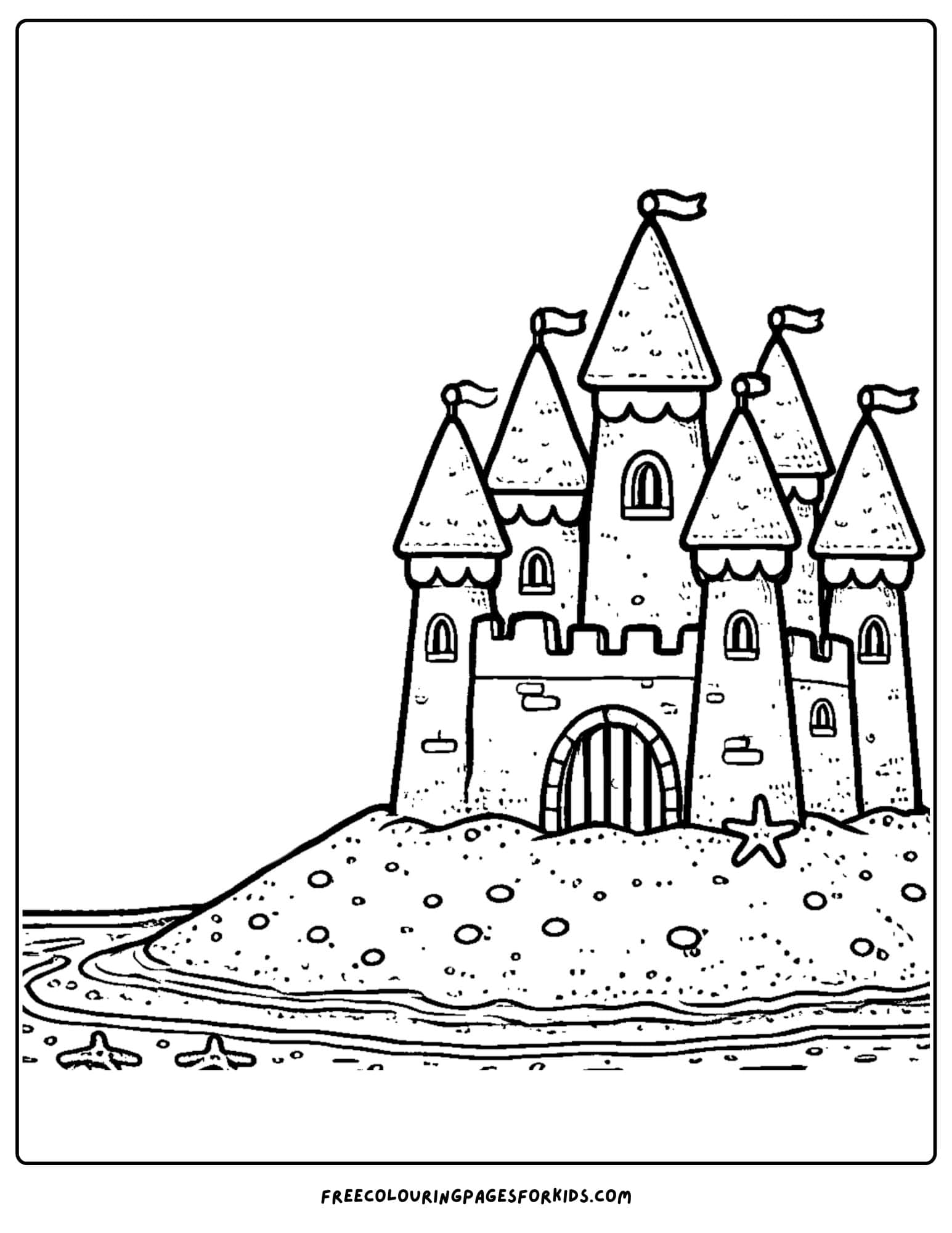 sandcastle next to the water coloring page