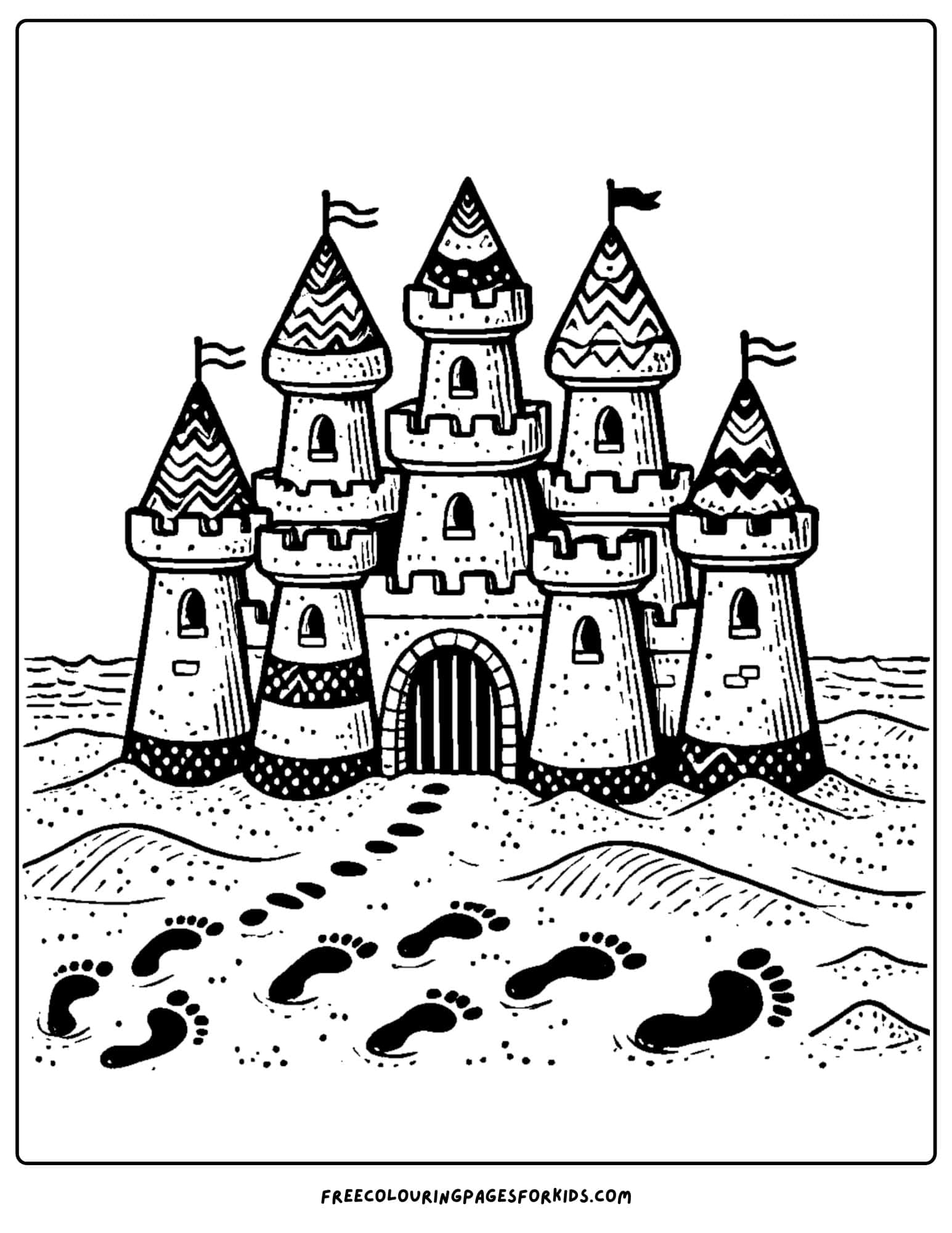 sandcastle with footprints in the sand coloring page