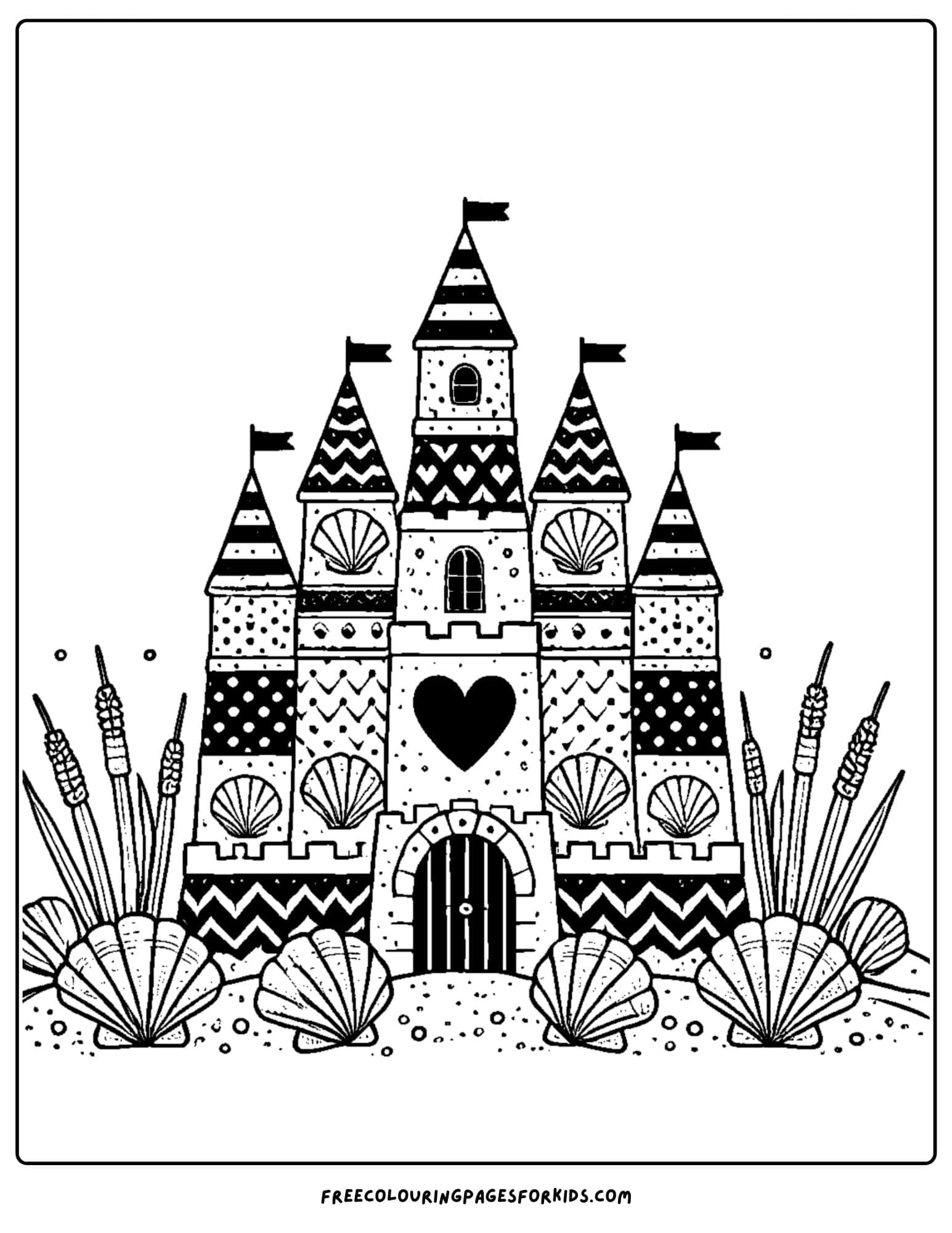 sandcastle with heart shaped shells coloring page